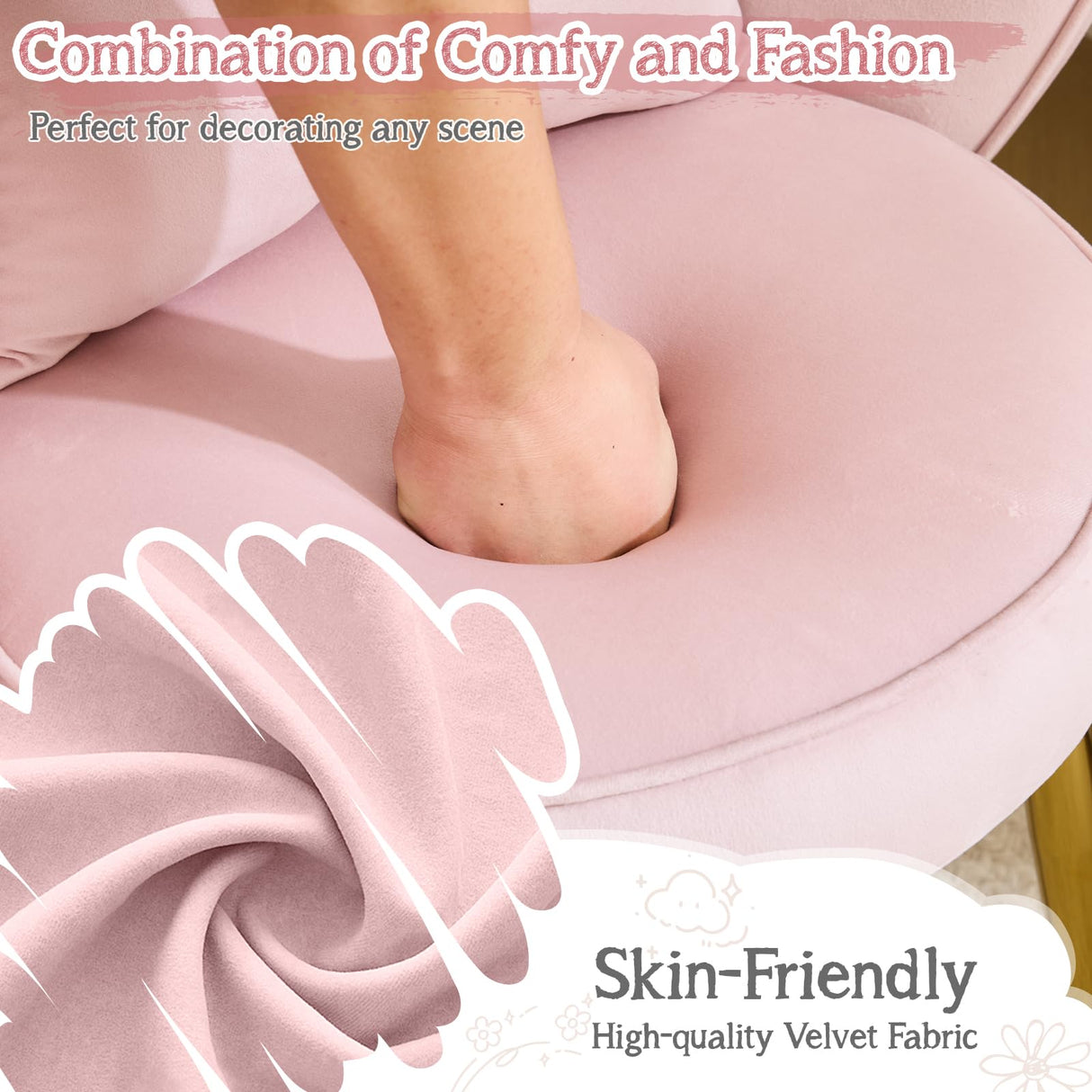 VINGLI Petal Makeup Vanity Chair with Back,Flower Cute Girls Desk Chair Comfy No Wheels,Modern Dining Chair,Small Accent Chair with Adustable Gold Legs&Bow Pillow for Home Office,Bedroom,Velvet,Pink VINGLI