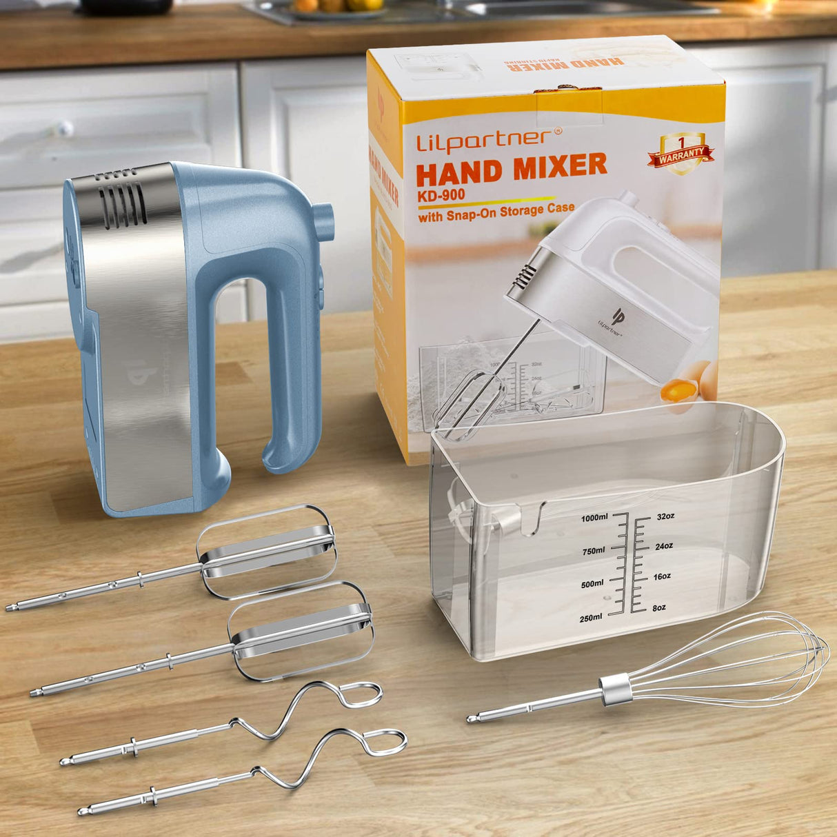 Hand Mixer Electric, 450W Kitchen Mixers with Scale Cup Storage Case, Turbo Boost/Self-Control Speed + 5 Speed + Eject Button + 5 Stainless Steel Accessories, For Easy Whipping Dough,Cream,Cake LILPARTNER