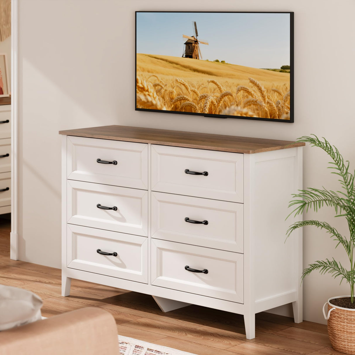 Gizoon 47.2" W Dresser for Bedroom, 6 Chest of Drawers, Modern Drawer Dresser, Wood TV Stand for Living Room, with Smooth Rail, Metal Handles, Anti-tip, Hallway, Retro Gizoon