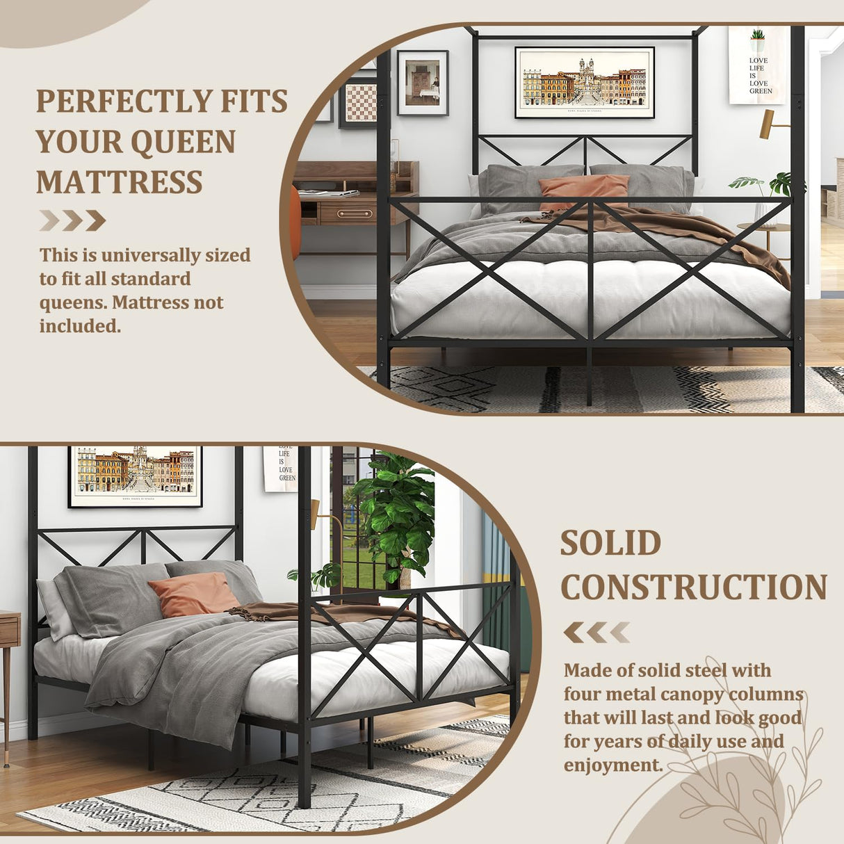 Queen Canopy Bed Frame, Metal Canopy Beds with 4 Poster Design and Geometric Accented Headboard and Footboard, No Box Spring Needed, Underbed Storage Space HomJoones