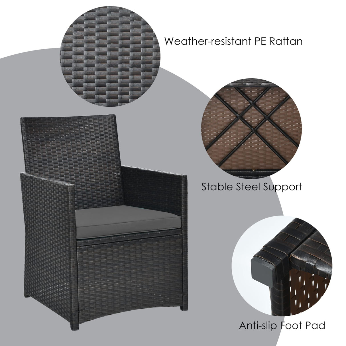 DORTALA 3 Pieces Patio Dining Set, Outdoor Rattan Bistro Set with Cushions, Tempered Glass Tabletop, Wicker Conversation Set for Garden Backyard Poolside Porch, Grey DORTALA