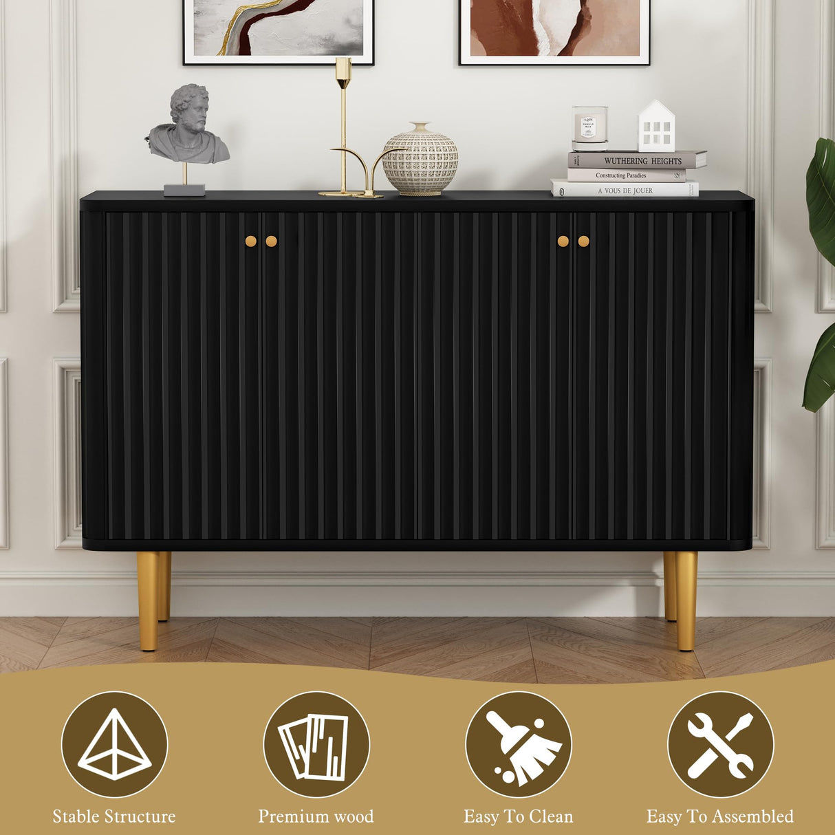 HLR Sideboard Buffet Cabinet, 48" Modern Accent Cabinet with 4 Door and Removable Shelves, Credenza Entryway Cabinet with Storage for Living Room, Dinning Room (Black) HLR