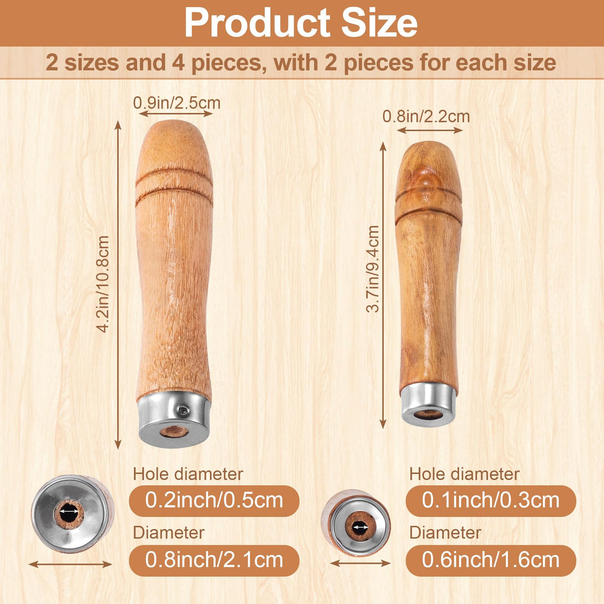 Pndeyo 4pcs Wooden File Handle with Strong Metal Collars, Medium Wooden Handle for 6"-8" File and Large Wood Handle for 10"-12" File, Screwdriver Hand Drill File Handle Pndeyo