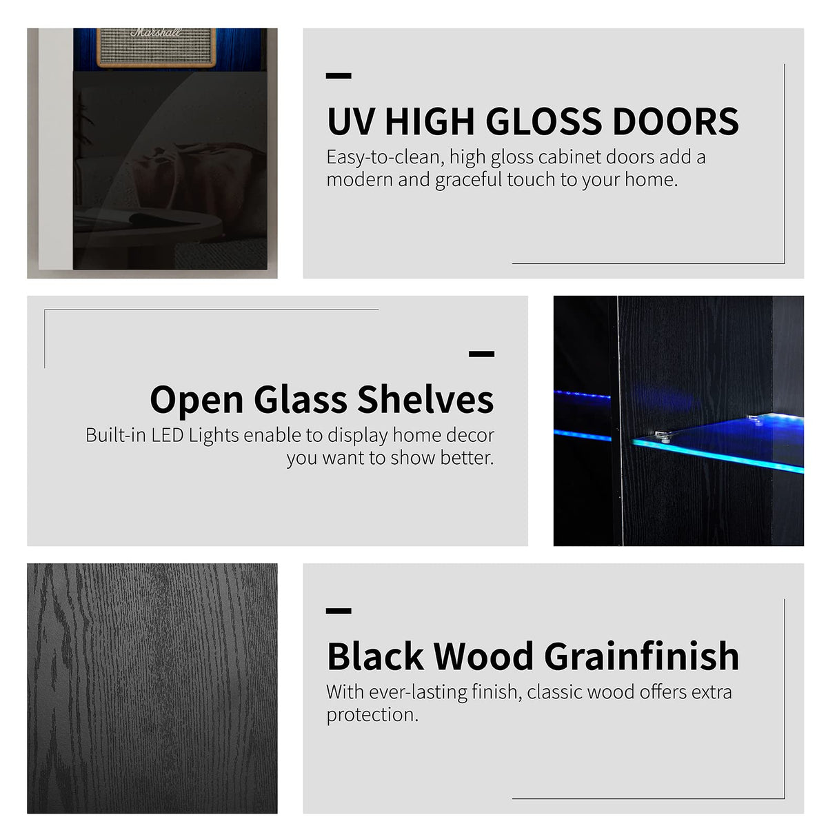 AMERLIFE Wall Storage Cabinets with LED Lights, Modern High Gloss Hanging Cabinets with 4 Closed Doors & Open Glass Shelves, for Living Room/Bedroom/Office, Black(Set of 2) AMERLIFE