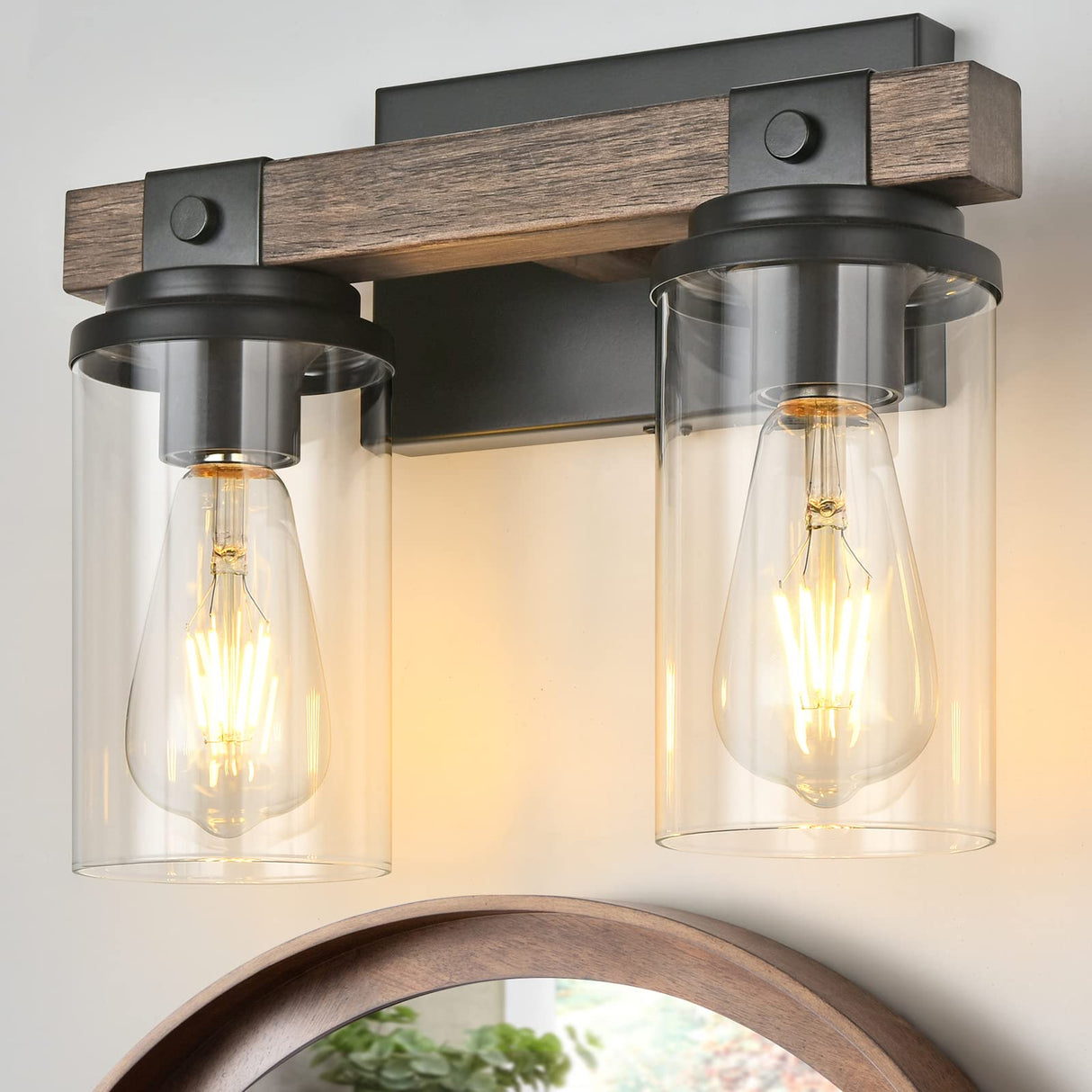 Farmhouse Bathroom Light Fixture Wood Black Vanity Lighting 2-Light Wooden Wall Sconce Industrial Rustic Wall Light Fixtures Over Mirror with Clear Glass Shade for Bathroom Hallway Kitchen Bedroom GoYeel