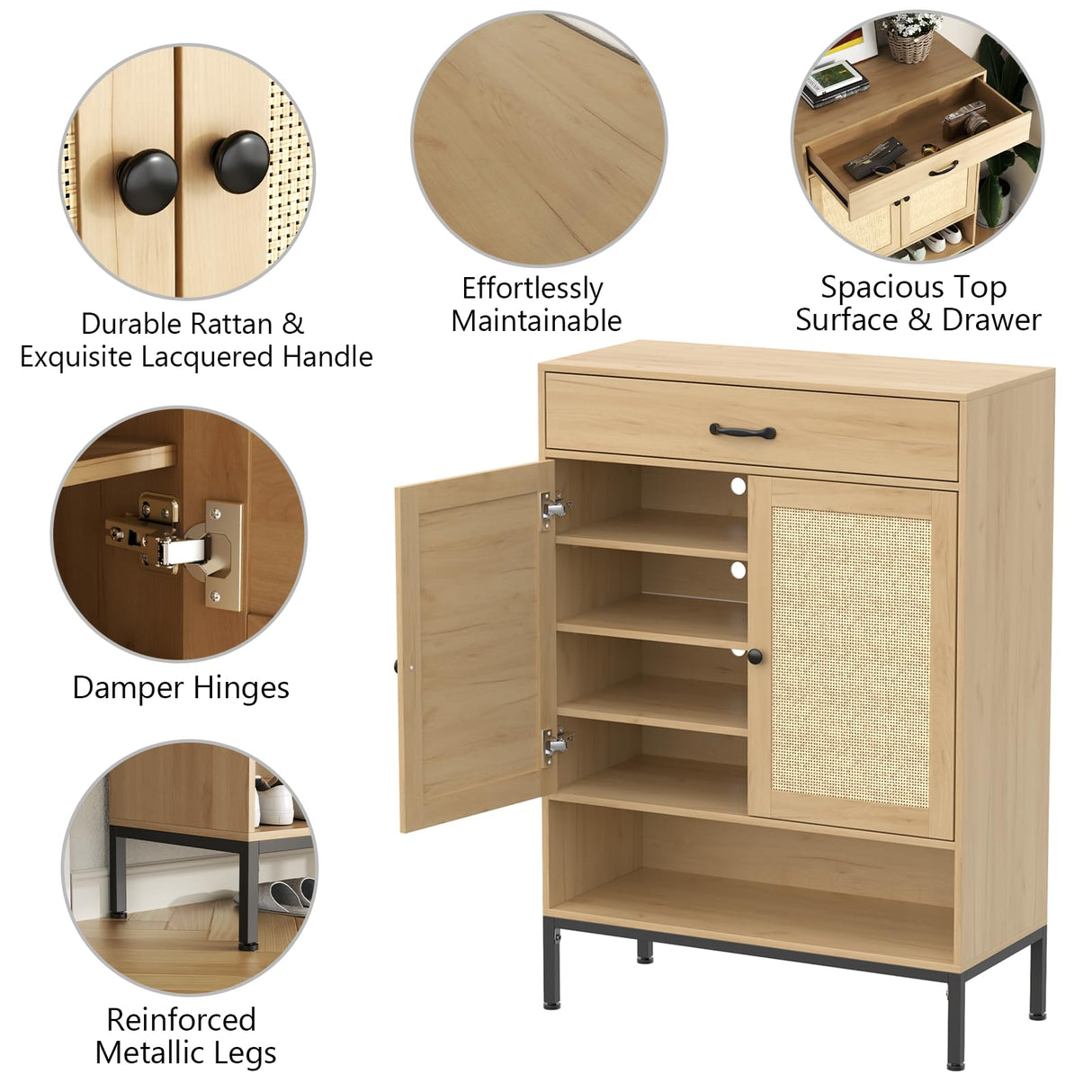 Loomie Rattan 5-Tier Shoe Storage Cabinet with Doors, Drawer & Cubby, 44.3" Boho Shoe Organizer for Entryway Hallway Closet (Natural) Loomie