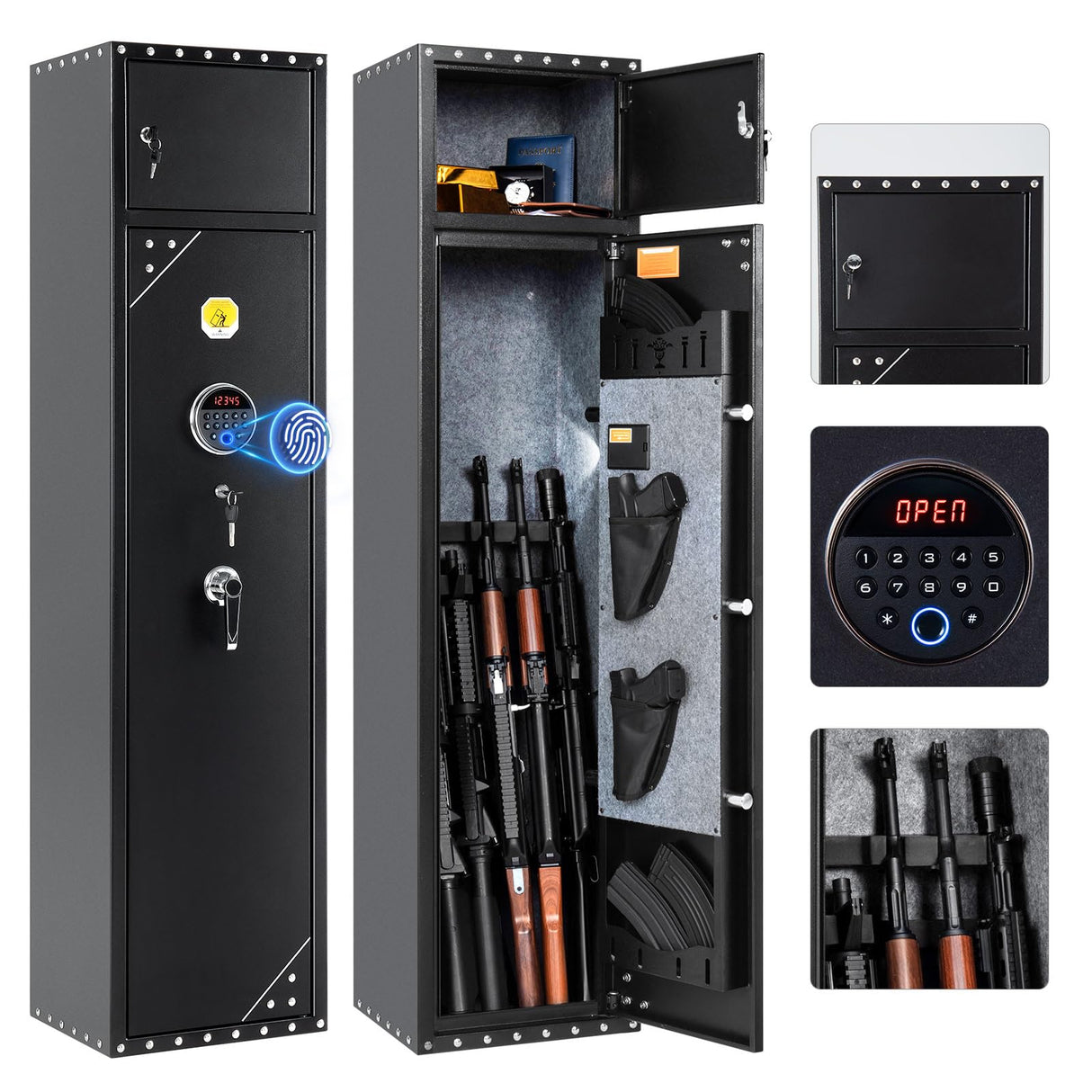 BlackSmith 6 Biometric Gun Safe Rifle 0.1s Quick Access Gun Safes for Home Rifle and Pistols Fingerprint Gun Cabinet Keypad with Separate Lockbox Door Panel Organizer Dual Alarm System BlackSmith