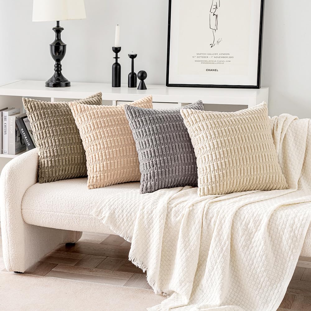 MIULEE Pack of 4 Neutral Corduroy Decorative Throw Pillow Covers 18x18 Inch for Sofa Living Room Couch Bed Rustic Farmhouse Boho Soft Striped Pillow Covers Home Decor Beige and Brown MIULEE
