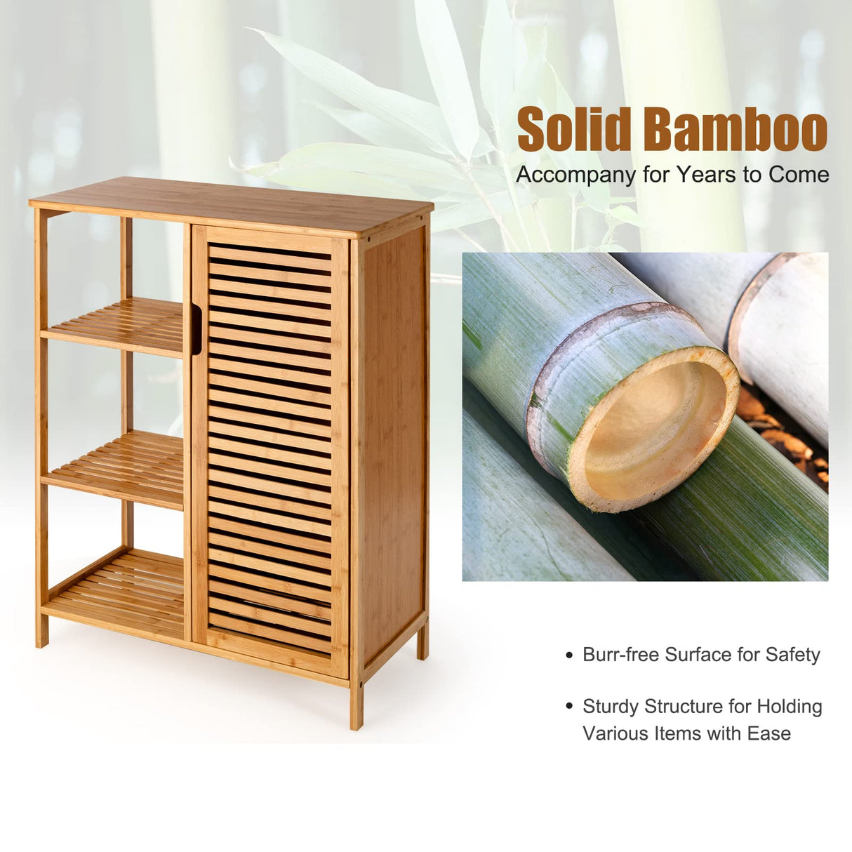 Tangkula Bamboo Bathroom Floor Cabinet, Storage Cabinet with Shutter Door and 3 Tier Shelves, Freestanding Floor Cabinet for Bathroom Living Room Kitchen Hallway, Bathroom Cabinet, Natural Tangkula