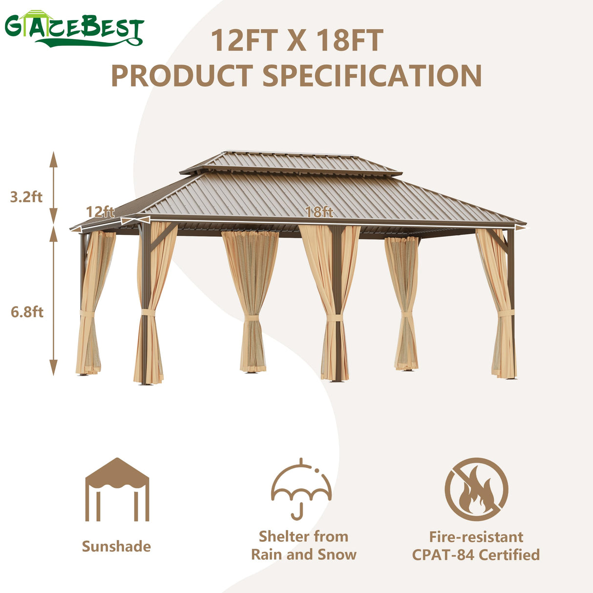 GAZEBEST 12x18 ft Hardtop Gazebo Outdoor Aluminum Patio Gazebo Double Roof Galvanized Steel Gazebo Canopy with Netting and Curtains,for Garden Patio,Patio Backyard,Deck and Lawns GAZEBEST