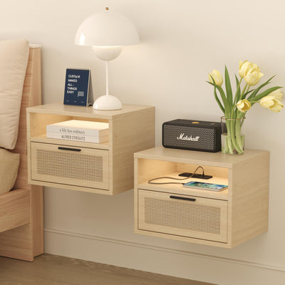 iyrany Floating Nightstand with Drawer and Charging Station – Modern Wall-Mount Set of 2 with USB, Outlets & LED for Compact Bedroom Storage