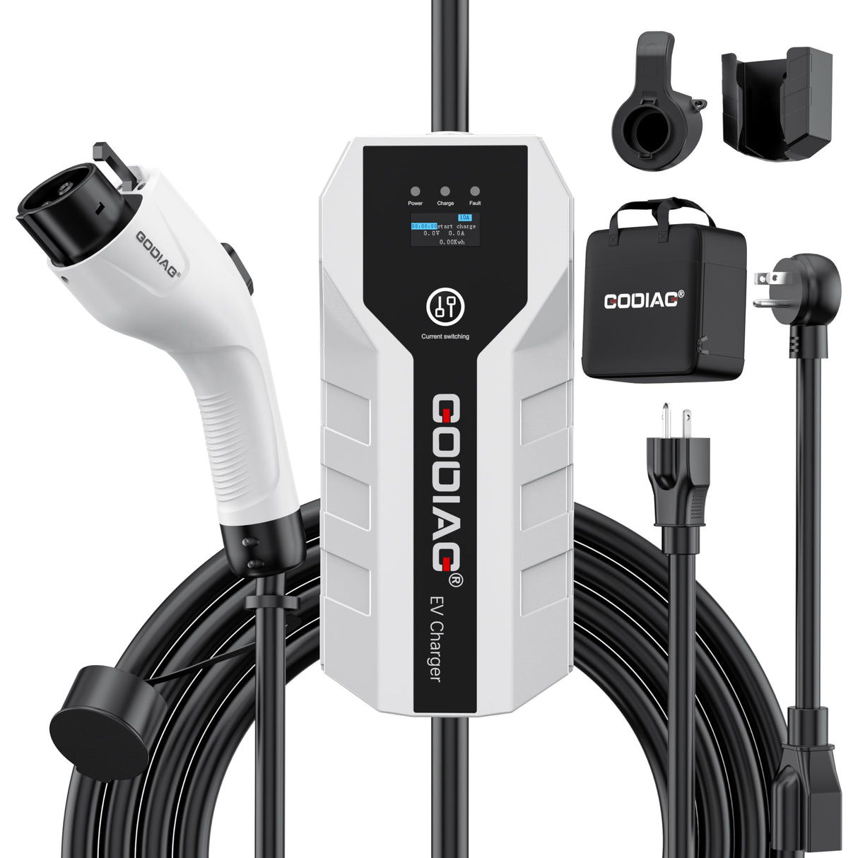 GODIAG Level 1+2 EV Charger - ETL Certified (Adjust 16A,110V-240V) with 20ft Cable, Portable EV Charger with NEMA 6-20 & NEMA 5-15 Plug for J1772 EVs and PHEVs GODIAG