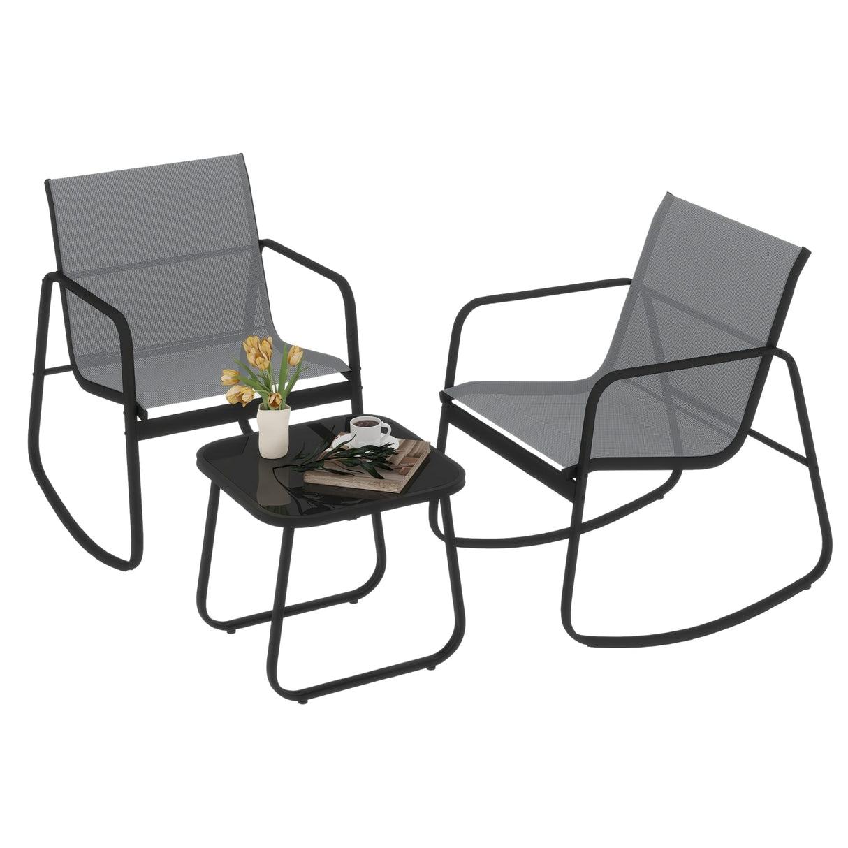 DWVO Gray 3-Piece Patio Bistro Set, Outdoor Textilene Furniture with 2 Rocking Chairs and Coffee Table for Backyard Lawn Garden Balcony Poolside DWVO