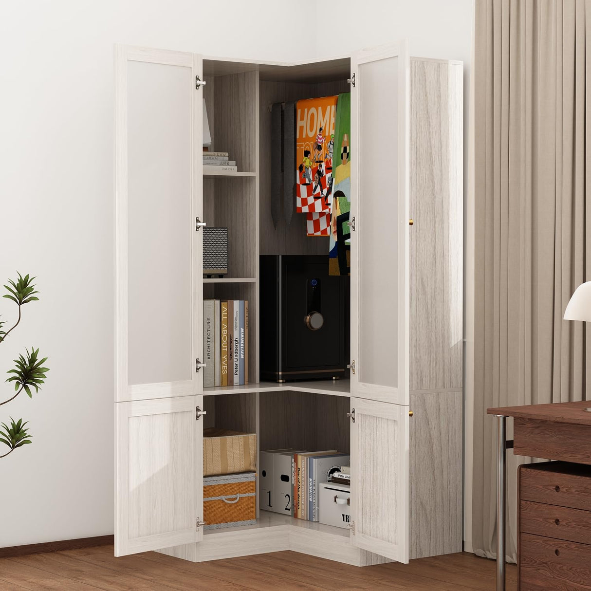Hitow Corner Wardrobe Cabinet, Modern Wood Armoire Closet with Frosted Glass Doors, Bedroom Wardrobe with Shelves & Hanging Rod for Storage Organize, Wood Grain (35.4" W x 35.4" D x 70.9" H) Hitow