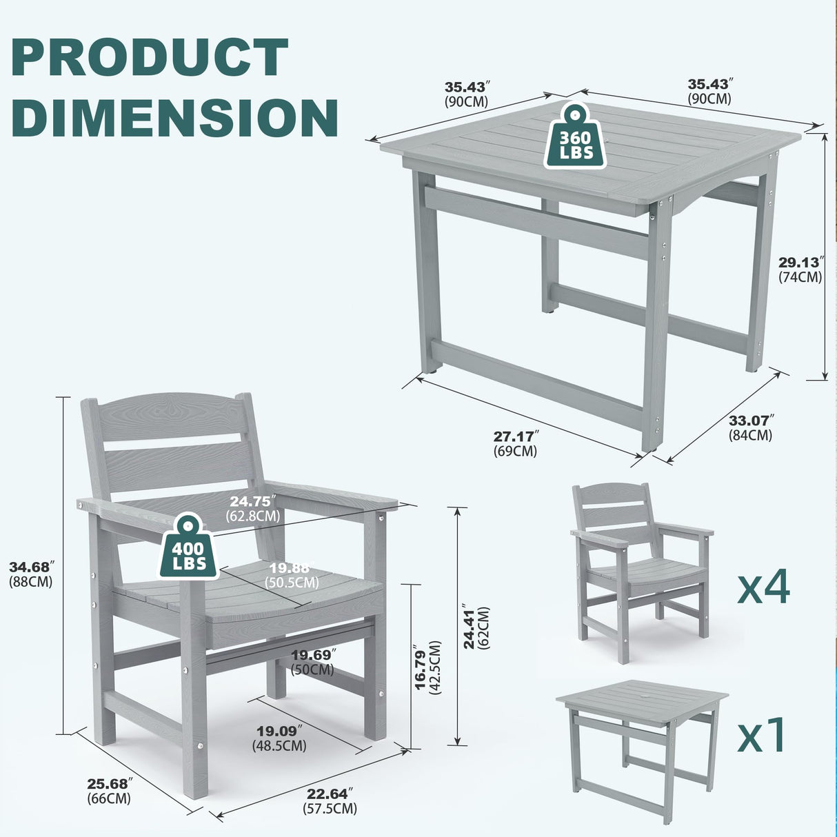 Sunnibety 5-Piece HIPS Patio Dining Set, Outdoor Dining Table and Chairs Set with Umbrella Hole, Weatherproof Dining Table Set for 6 Person, Patio Furniture Set for Outside Deck, Grey Sunnibety