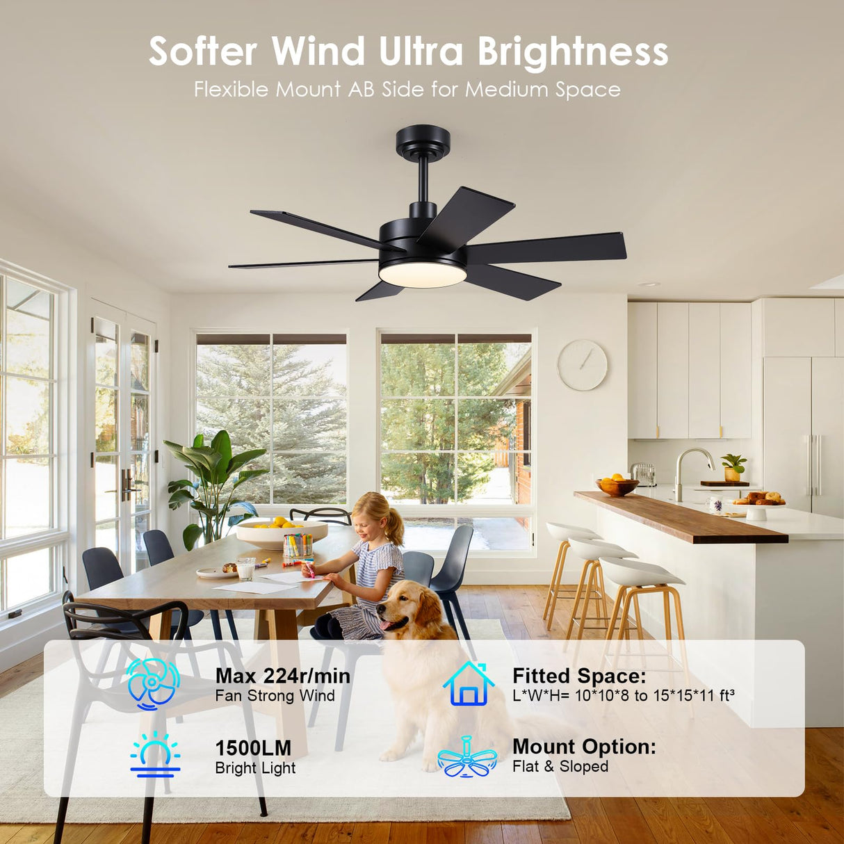 42 inch Ceiling Fans with Lights, Black Ceiling Fan with Remote APP, Dual-Sided Modern/Rustic 6 Blades, Reversible, 3CCT, Sloped Flush Mount Low Profile Ceiling Fan with Lights Bedroom Kitchen Indoor BayDay