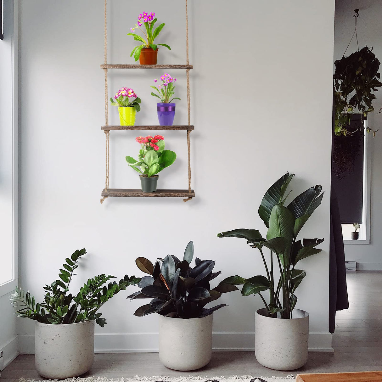 Nuanchu 2 Pieces Decorative Wall Hanging Shelves Window Shelf for Plants 3 Tier Distressed Rustic Home Decor Wood Rope Shelf Floating Indoor Wall Swing Hanging Plant Shelves for Living Room Bathroom Nuanchu