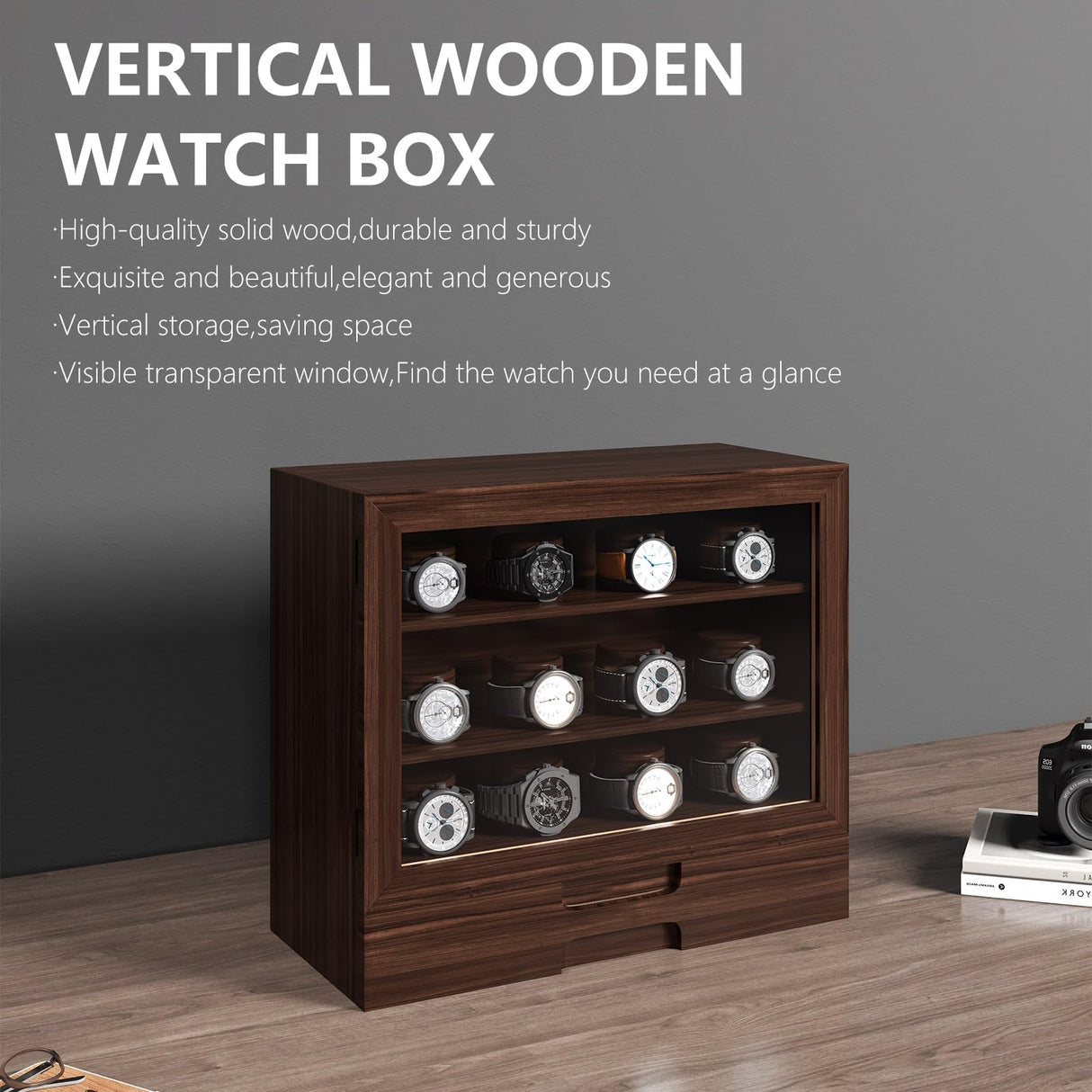 AUTOARK Wooden Watch Sunglass Display Case,12 Watch Box with Jewelry Drawer,Watch Eyeglass Holder with Window,Vertical Storage,Gift Idea,Walnut,AW-185 AUTOARK