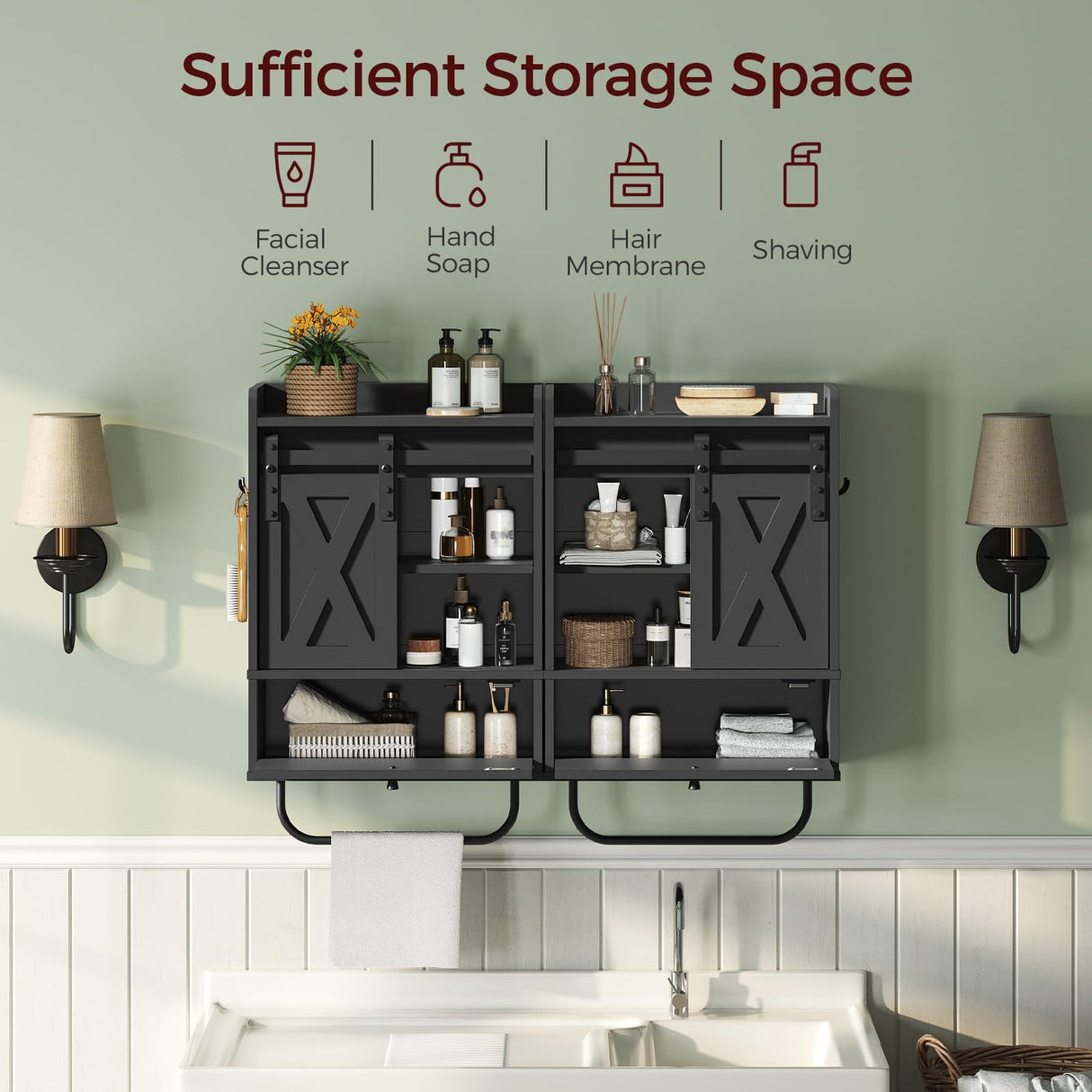 MAHANCRIS Bathroom Wall Cabinet, Farmhouse Medicine Cabinets with Sliding Door, Wall Mounted Storage Cabinet with Adjustable Shelf and Towel Bar, for Bathroom, Living Room, Kitchen, Black MAHANCRIS