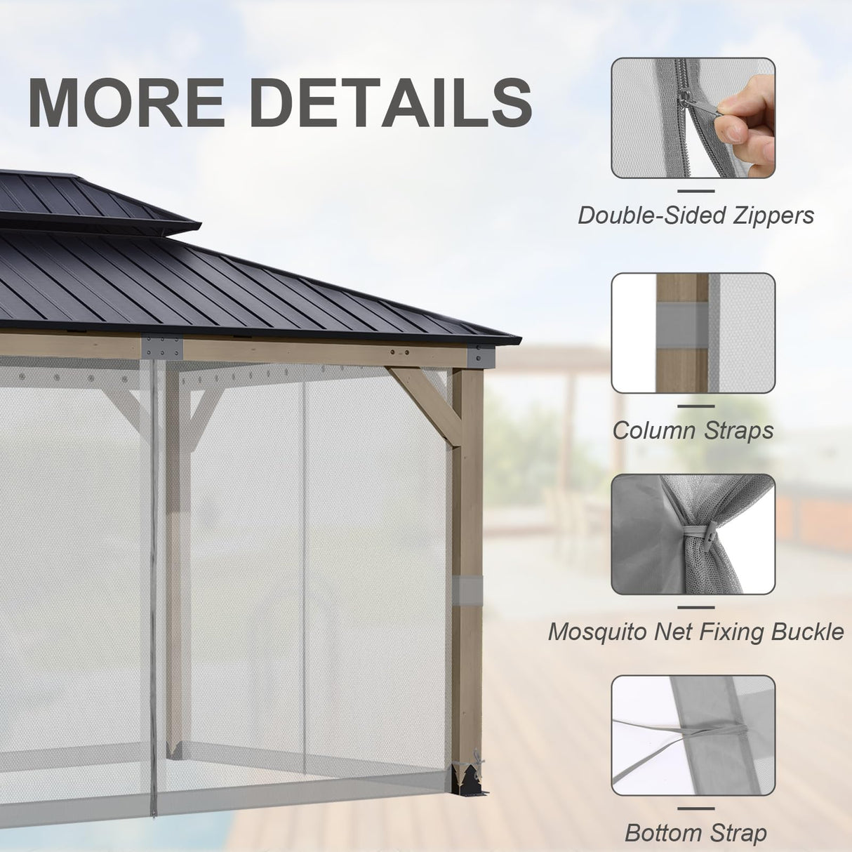 BPS 12' x 14' Gazebo Universal Mosquito Netting Screen Replacement, 4-Panel Screen Walls with Double Zippers for Outdoor Patio, Gray (Mosquito Net Only) BPS