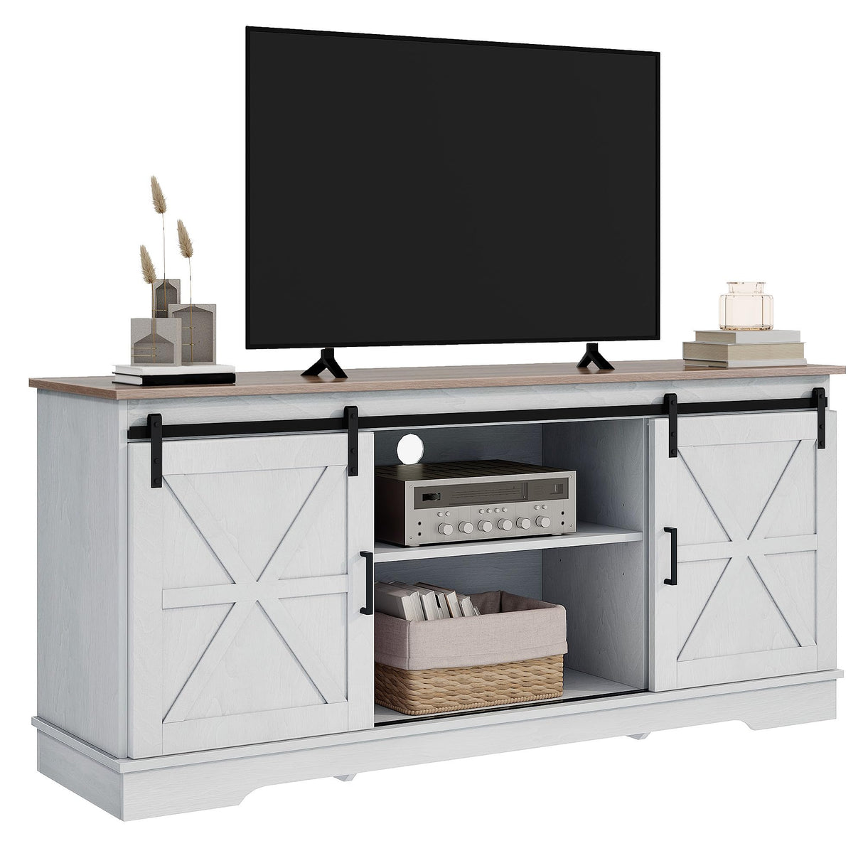 DWVO TV Stand for TVs up to 65 Inch, Farmhouse Entertainment Center with Storage Cabinets and Sliding Barn Doors, Rustic Media TV Console Table for Living Room, Grey White/Grey Wash DWVO