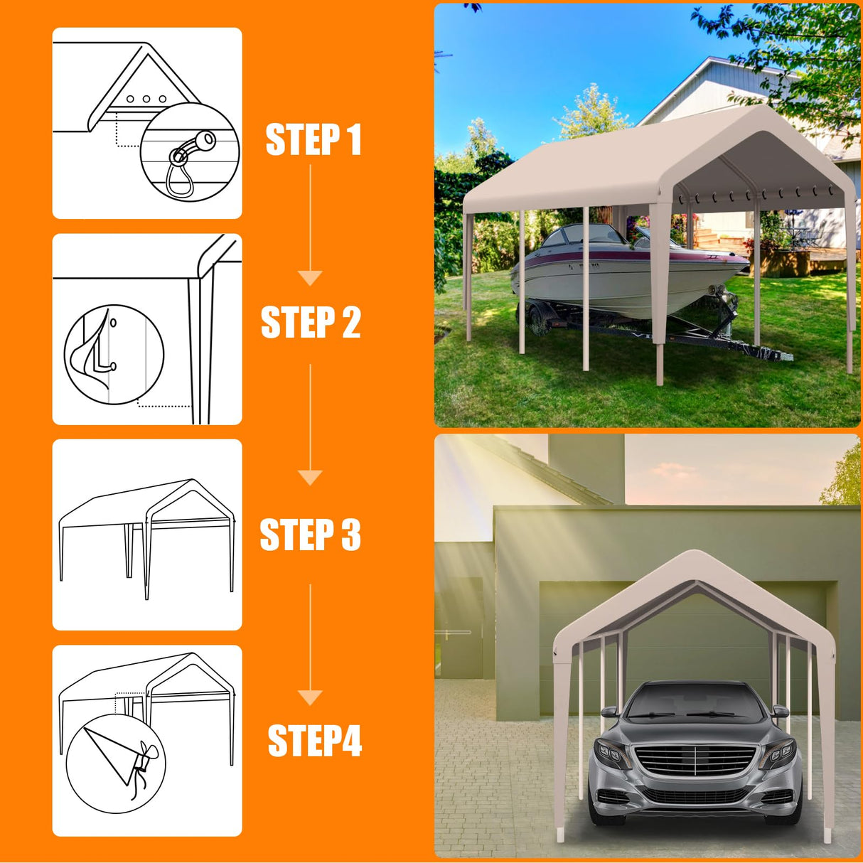 Carport Canopy 10'x20' Heavy Duty Replacement Cover, Garage Shelter Cover 800D Oxford Waterproof & UV Protected Tarp with Ball Bungees, Not Include Frame, Beige KAHLHAK