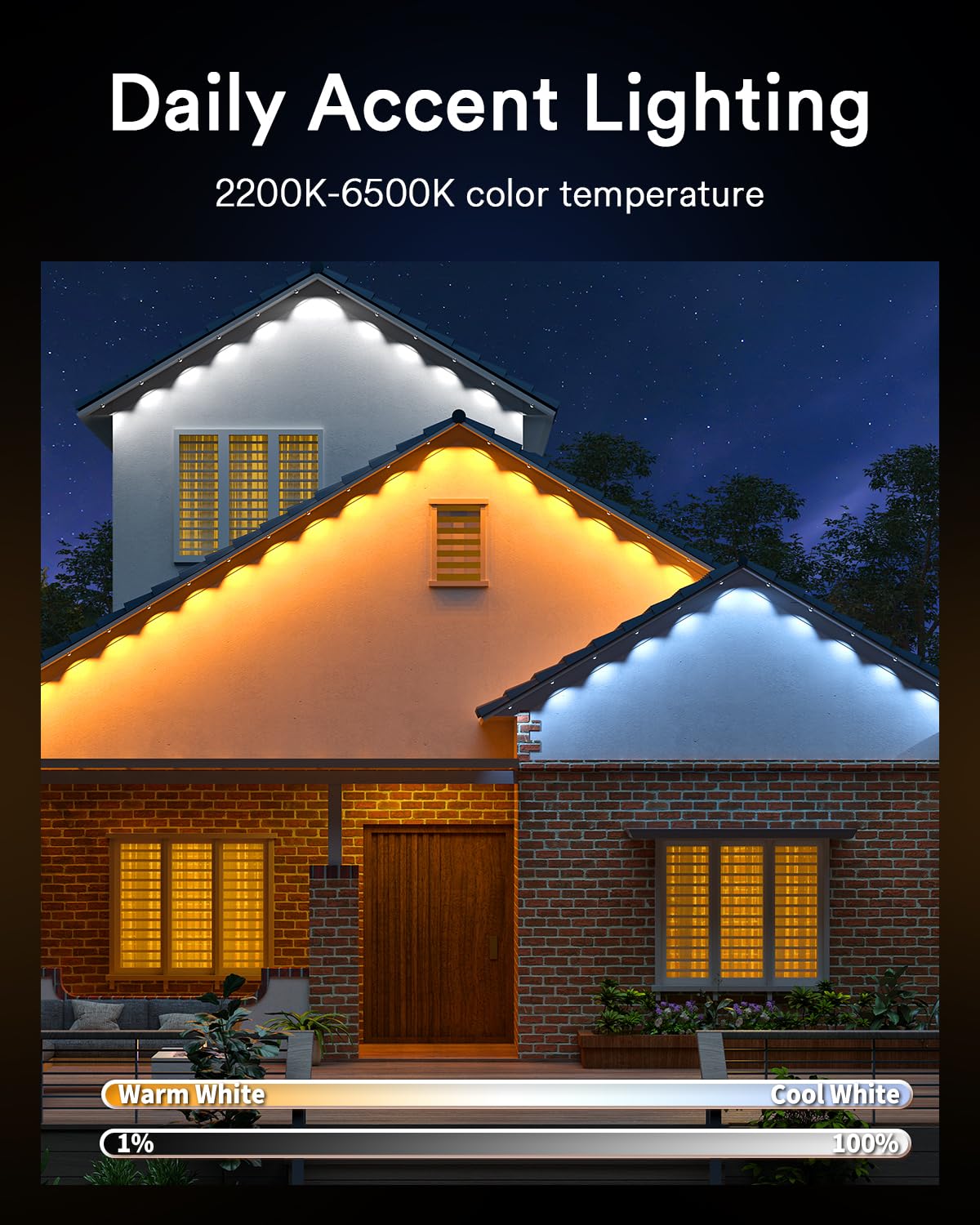 Lumary Permanent Outdoor Lights Pro 158ft for House, 120LED 50lm RGBAICW Smart Eave Lights, IP67 Waterproof, Multi Scenes for Daily and Holiday Accent Lighting Decor, Work with Alexa, Google, Remote Lumary