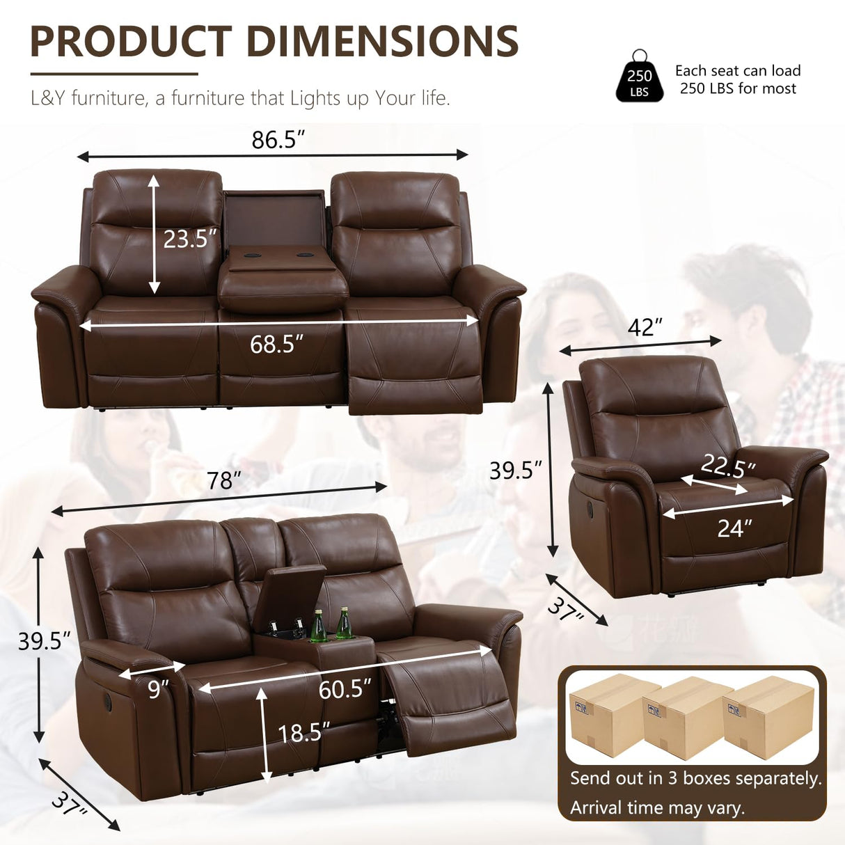 Anthato Power Recliner Living Room Set, Leather Reclining Sofa Set with Coffee Table, Living Room Furniture Sets, Brown Recliner Couch with Cup Holders/Charging Port for Home Theater/Office, Brown Anthato