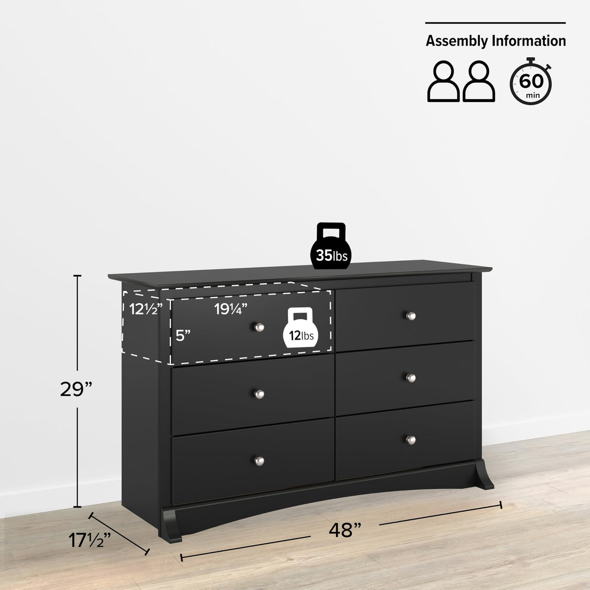 Prepac Sonoma Traditional 6-Drawer Dresser for Bedroom, Functional Dresser Chest of Drawers 17.5" D x 48" W x 29" H, Black, BDC-4829 Prepac