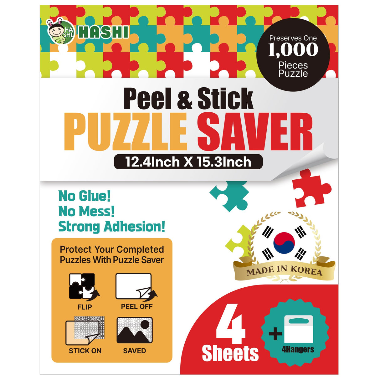HASHI Puzzle Saver 4 Sheets (12.4 x 15.3 Inches) with 4 Hangers, Easy Peel & Stick, No Mess, Adhesive Backing for Jigsaw Puzzles HA SHI