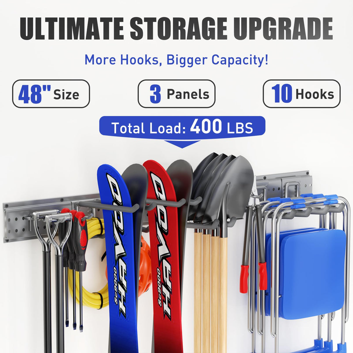 ZICANYCO Garage Tool Organizer Wall Mount 48 inches with 10 Adjustable Heavy-Duty Hooks, Garage Organization, Garden Tool Storage Rack, Yard, and Shed, Holds Up to 400 lbs (Grey) ZICANYCO