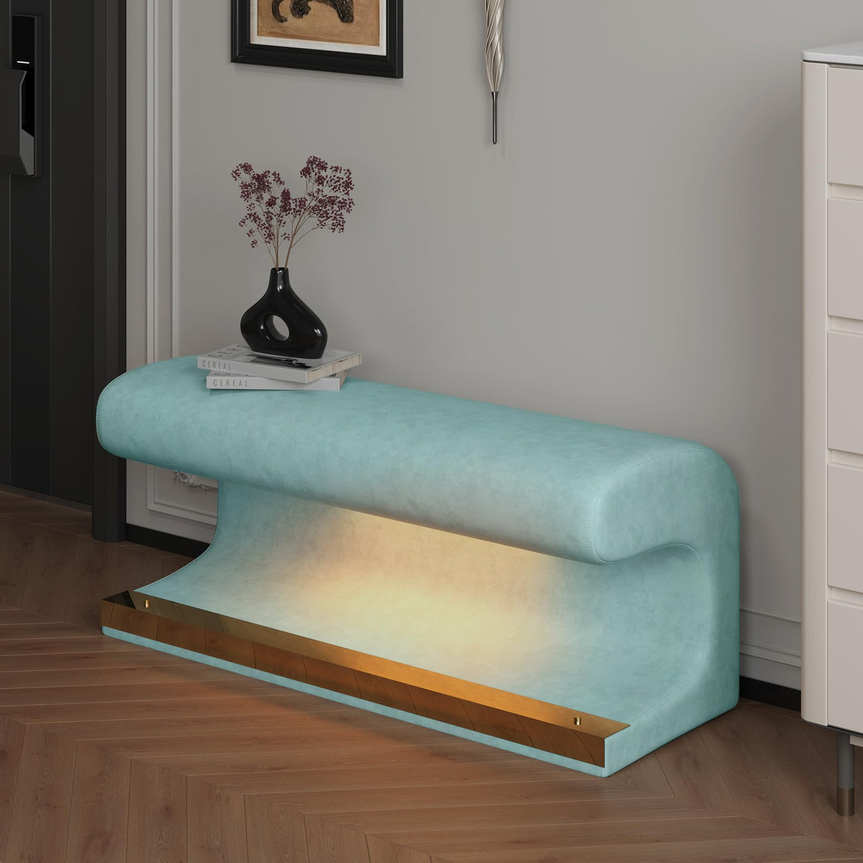 Haplized Entryway Bench with Motion Sensor LED Light, Modern Upholstered Ottoman with Metal Legs, Faux Leather Entryway Bench for Bedroom, Living Room, End of Bed (Antique Blue Green) Haplized