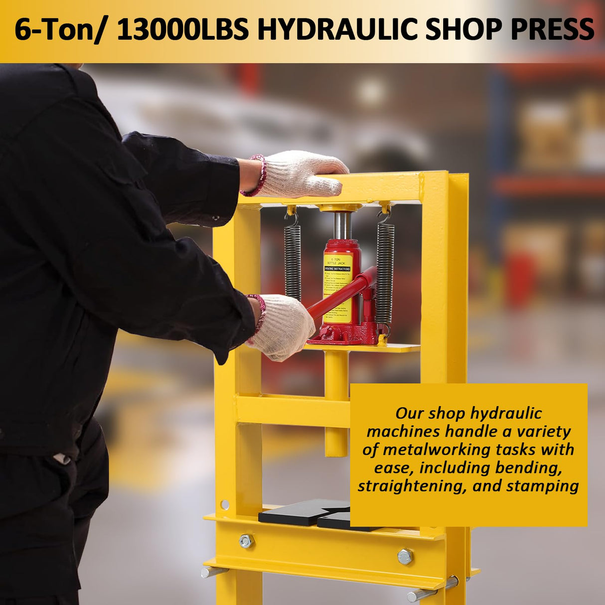GarveeTech Hydraulic Press 6 Ton Hydraulic Shop Press, H-Frame Garage Floor Benchtop Press Adjustable Shop Press with Plates, Adjustable Working Table Height, for Gears and Bearings, Yellow GarveeTech