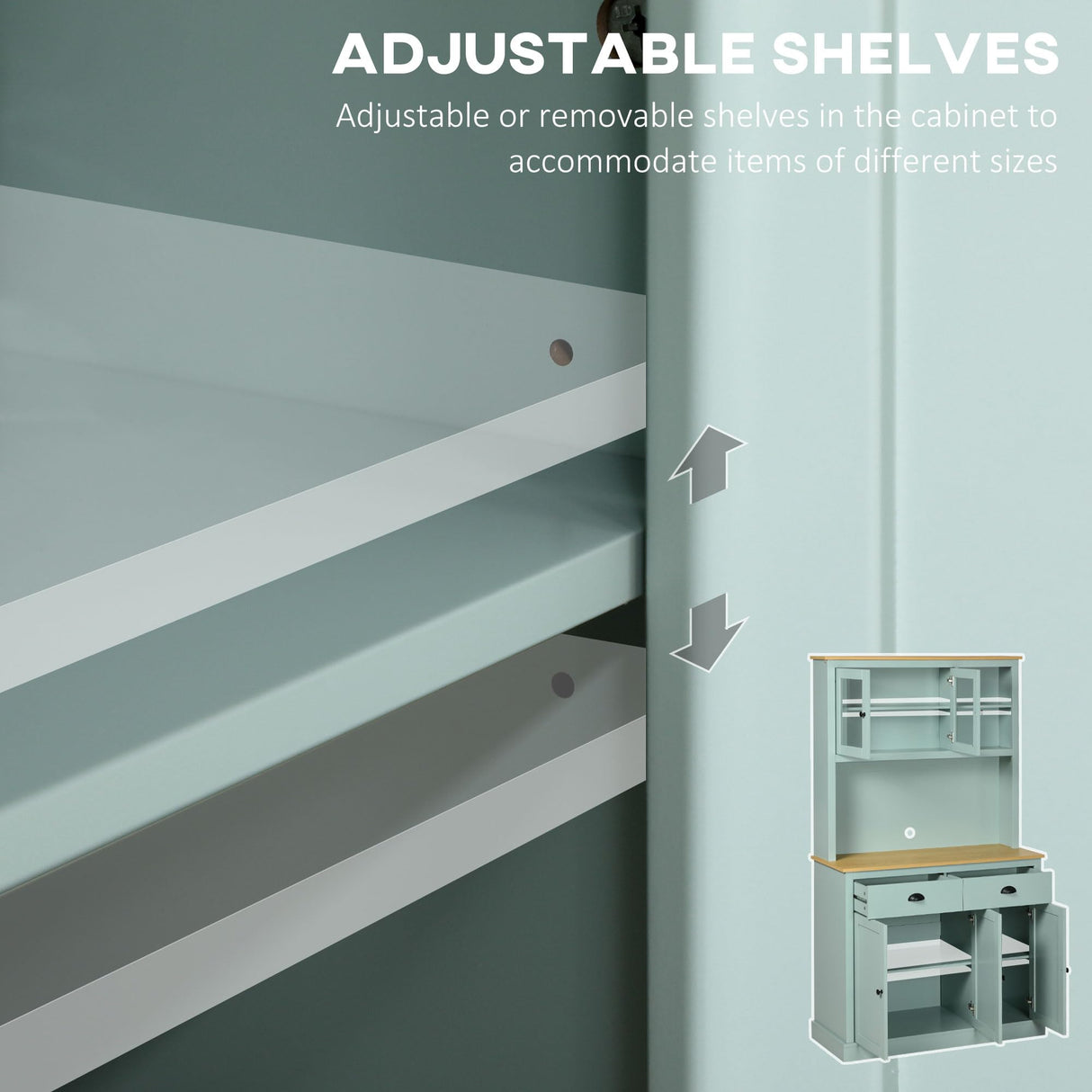 HOMCOM 71" Freestanding Pantry, Kitchen Buffet with Hutch, Modern Storage Cabinet, Microwave Cabinet with Drawers, Glass Doors, and Adjustable Shelves, Light Blue HOMCOM