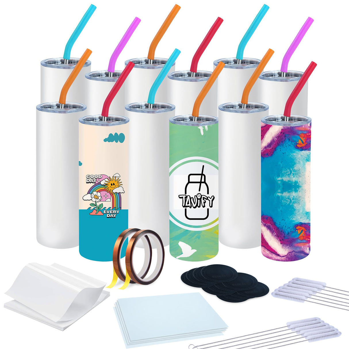 TAVIFY Sublimation Tumblers 20 oz Skinny Pack 12, Straight Double Insulated Polymer Wall for Vibrant Print, Blank Sublimation Tumbler Bulk with Lid, Straw & Shrink Wrap TAVIFY