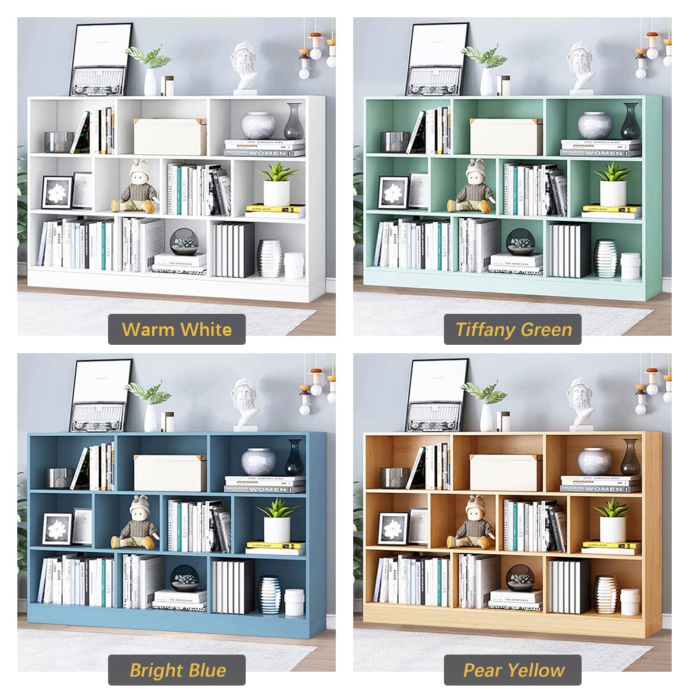 IOTXY Open Shelf Low Bookcase - Wooden 3-Tier Floor Standing Display Cabinet Organizer with Base, 10 Cubes Short Horizontal Bookshelf in Warm White IOTXY