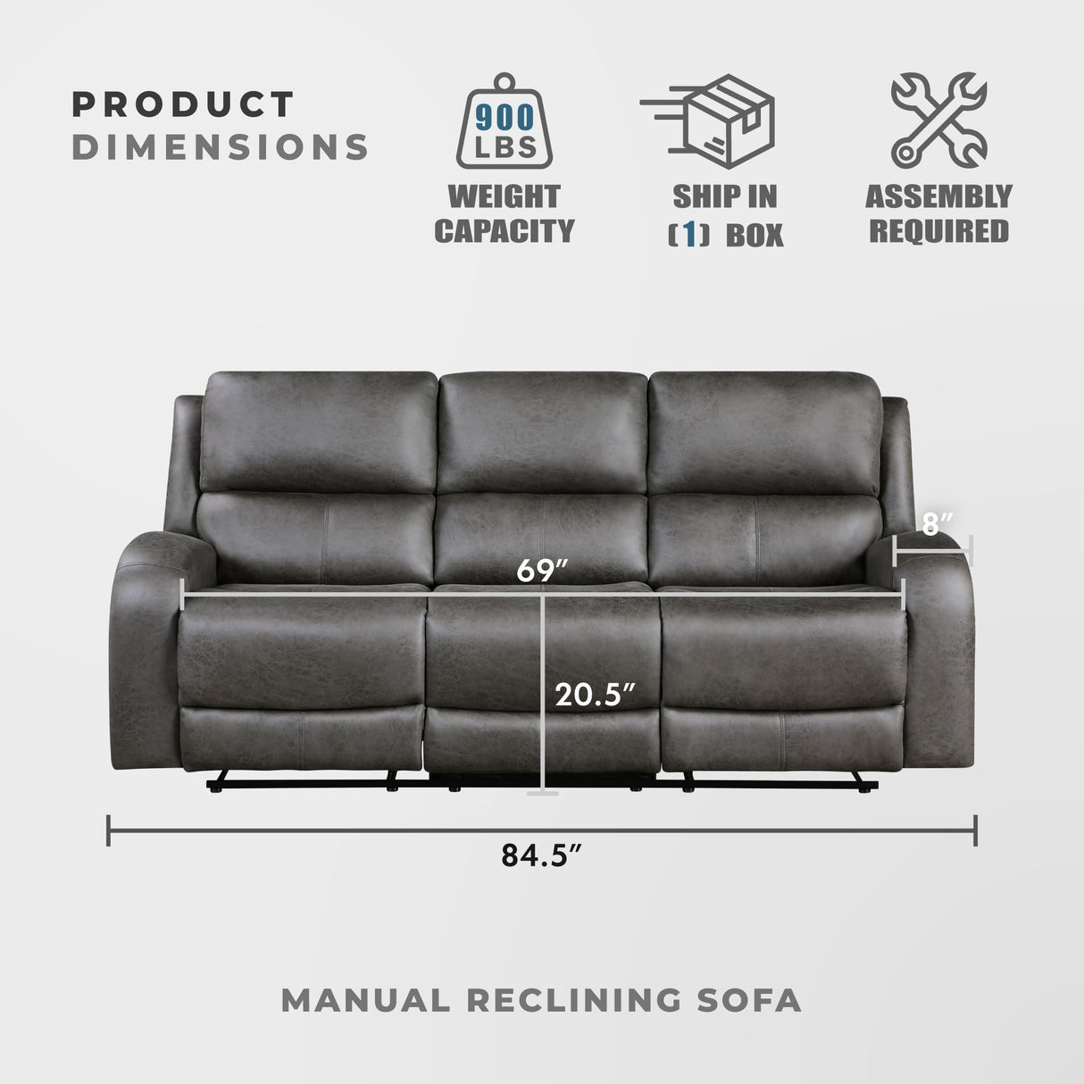 Lexicon Manual Double Reclining Sofa, Polished Microfiber Manual Wall Hugger Sofa Recliner for Living Room, Home Theater Seating, Track Arm, Stitching Cushion, Padded Foam Seat Cushion, Gray Lexicon