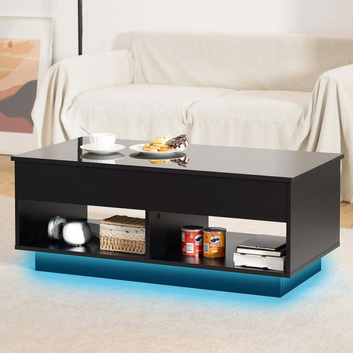 LED Coffee Table for Living Room Lift Top Coffee Tables with Storage Morden High Gloss 4 Tiers Black Tea Table Center Tables Sofa Hidden Compartment & 2 Open Shelve HOMMPA