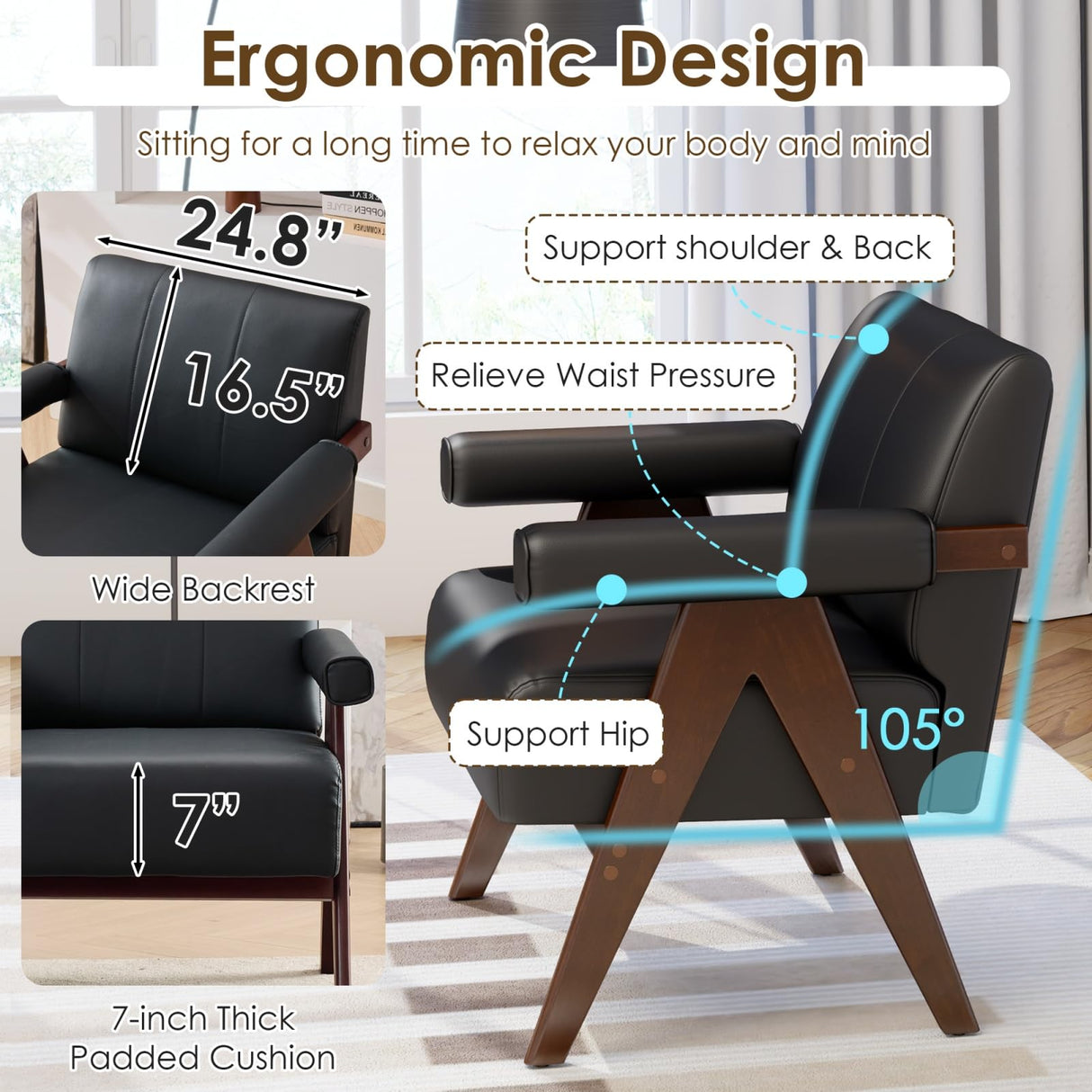 STHOUYN Black Leather Accent Chairs Set of 2, Mid Century Modern Accent Chair, Side Arm Chairs for Living Room, Office Guest Waiting Room Chairs (2, Black) STHOUYN