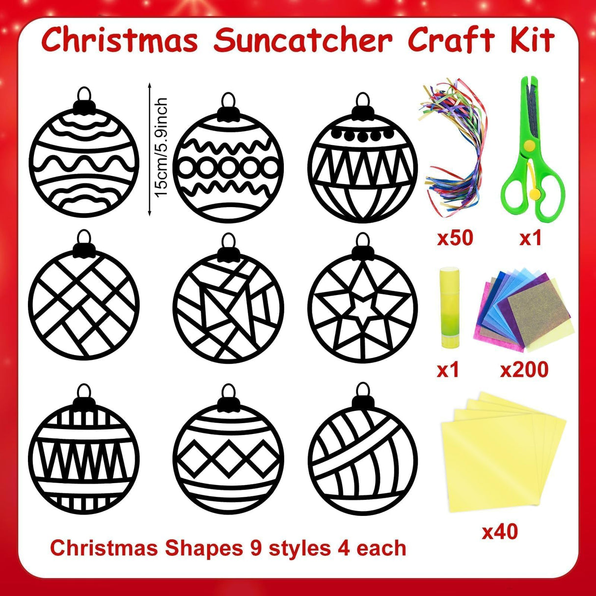 EggSun 36 Sets Christmas Balls Suncatchers Craft Kit for Kids Ornaments Stained Glass Christmas Window Arts and Crafts Kit for Classroom Holiday Projects Home Party Favors Decorations Ages 4 8 12 EggSun