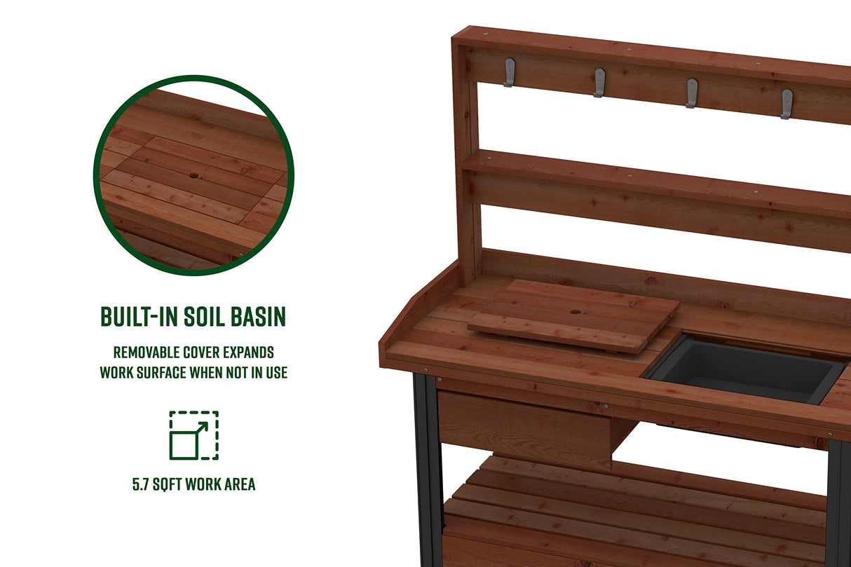 Vita 46 inch x 20 inch x 58 inch Cedar Wood Potting Bench, Dark Brown, FSC, Pre-Stained, Storage Shelf, Work Basin, Hooks, VT17744 Vita
