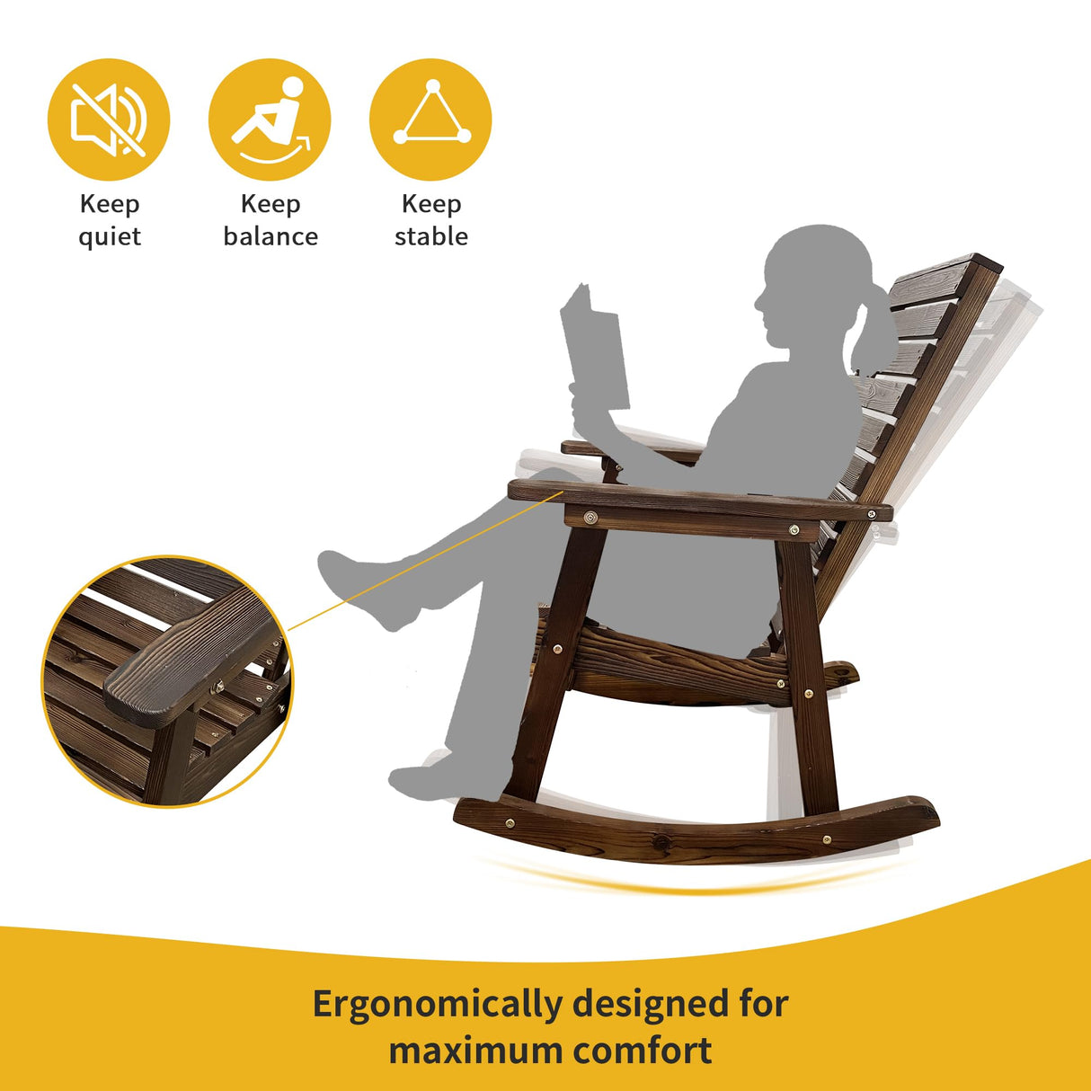 Mega Casa Wooden Rocking Chair with High Backrest and Contoured Seat, Solid Fir Wood, Heavy Duty 600 LBS, for Both Outdoor and Indoor, Backyard, Porch and Patio (Coffee) Mega Casa