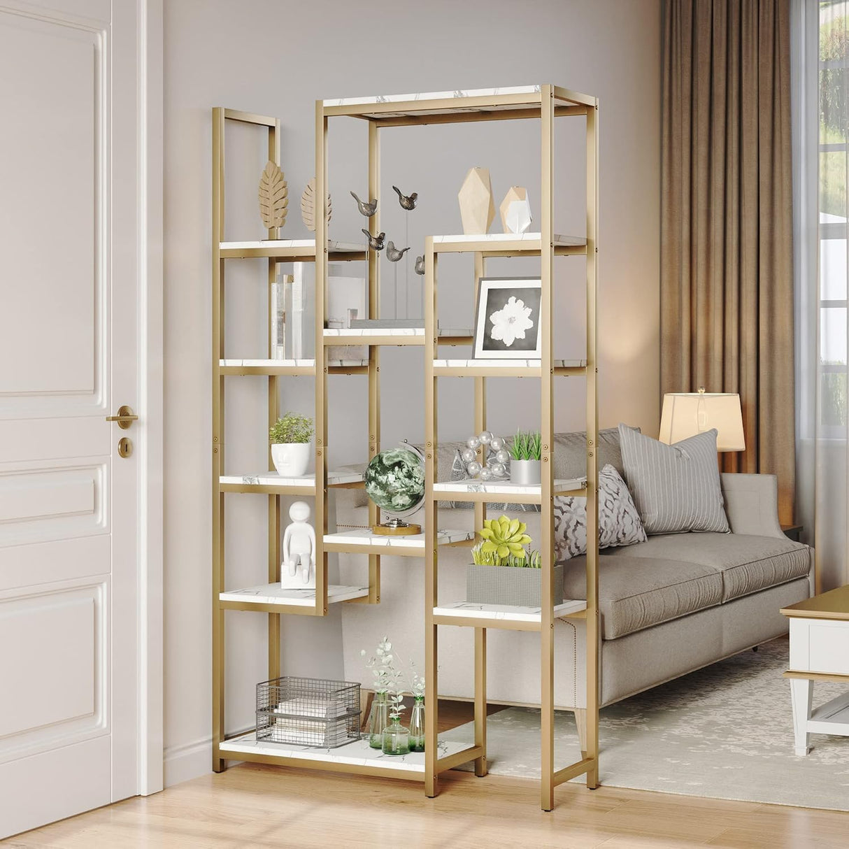 YITAHOME 6 Tier Gold Bookshelf, 71 Tall Modern Free Standing Bookshelf with 12 Shelf Bookcase, Faux Marble Open Display Storage Book Shelves for Living Room Bedroom Office Home, Gold & Marble YITAHOME