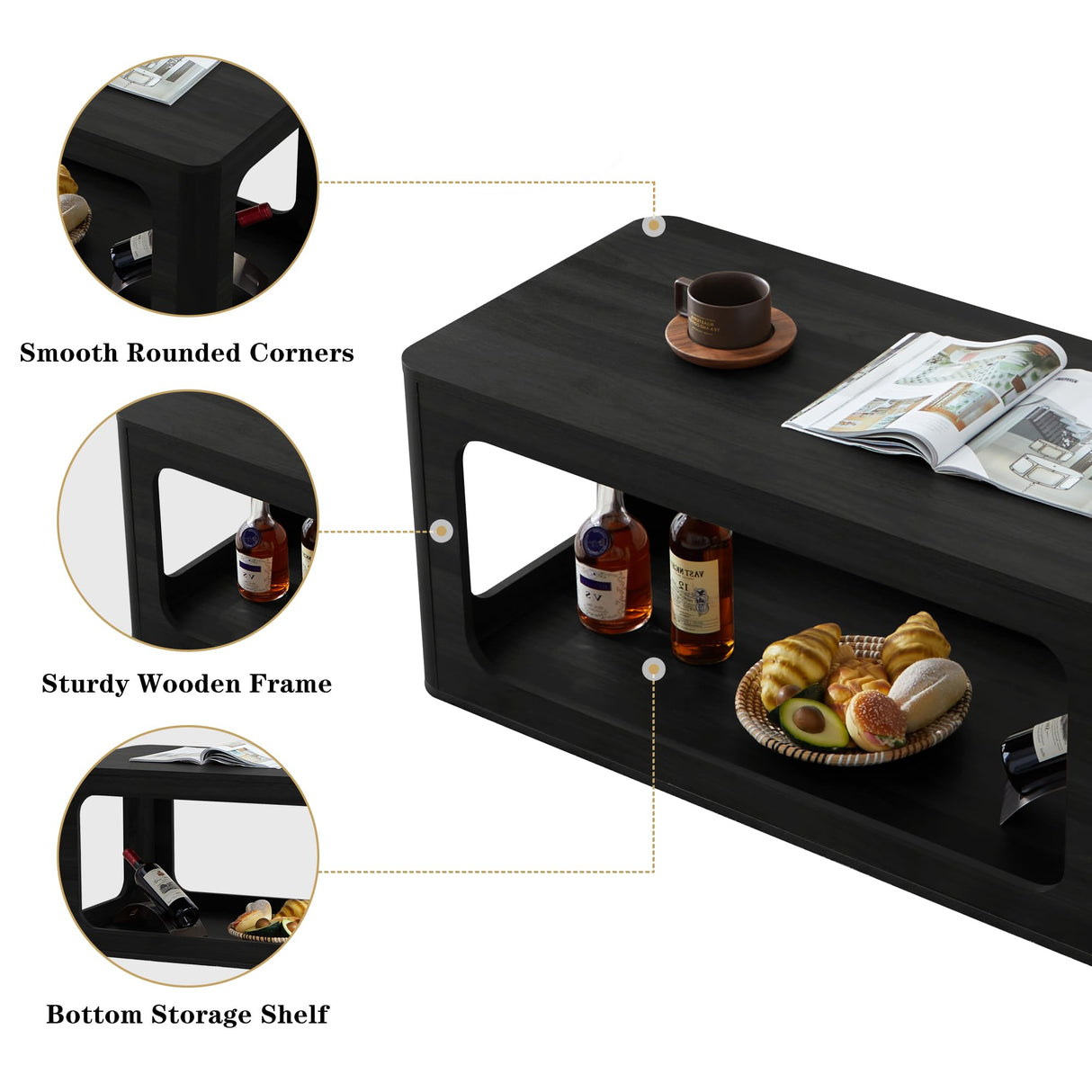 YUCHIATH Coffee Table for Living Room, Farmhouse Coffee Table with 2-Tier Storage, Accent Wood Coffee Table for Living Room (Black) YUCHIATH