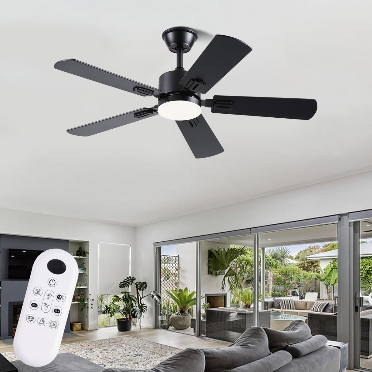 FUMLTP 42 inch Modern Ceiling Fans with Lights APP/Remote Control, Low Profile Reversible 6 Speeds Ceiling Fan Light for Indoor/Outdoor Patio Bedroom Living Room,Black FUMLTP