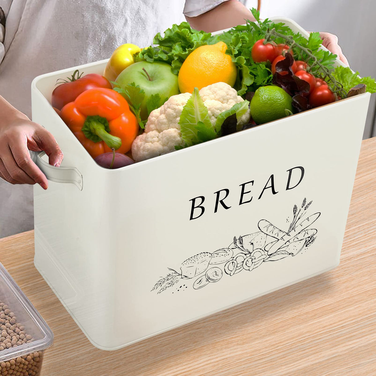TeamFar Bread Box with Wooden Lid, 13.1” x 7.2” x 9.7” Bread Container Storage Holder for Family Farmhouse Kitchen Countertop, Powder-Coated & Healthy, Large Capacity & Classic Pattern (Off White) TeamFar