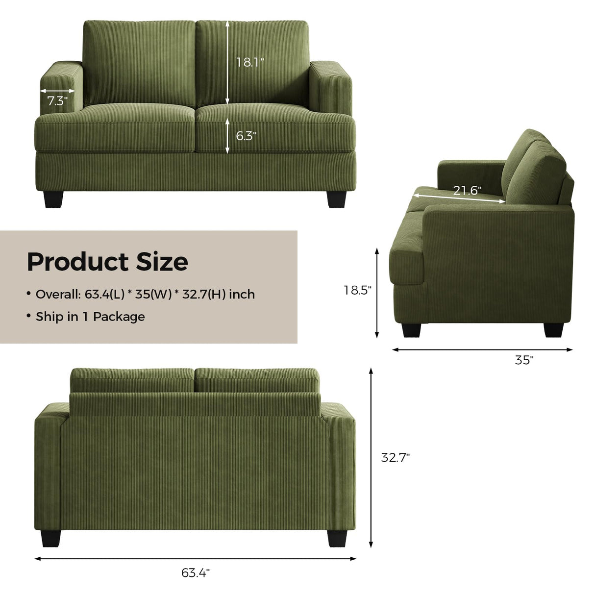 COPIAE 63 Inch Sofa with Extra Deep Seats Oversize, Corduroy Fabric 2 Seater Sofa for Living Room,Modern Couch and Loveseat, Comfy Armrests and Seats and Backrests, Easy Installation, Green COPIAE