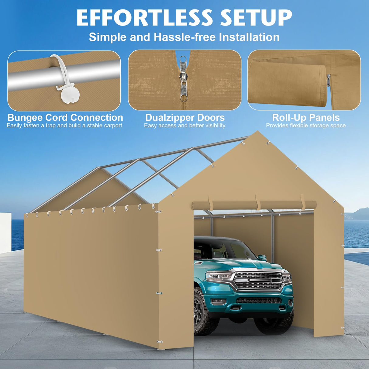 Carport Canopy Tent Sidewalls for 10x20x8.6FT Car Garage with Ball Bungees, Heavy Duty Portable Shelter Logic Replacement Covers (Frame is not Included) (Khaki) Yustuf