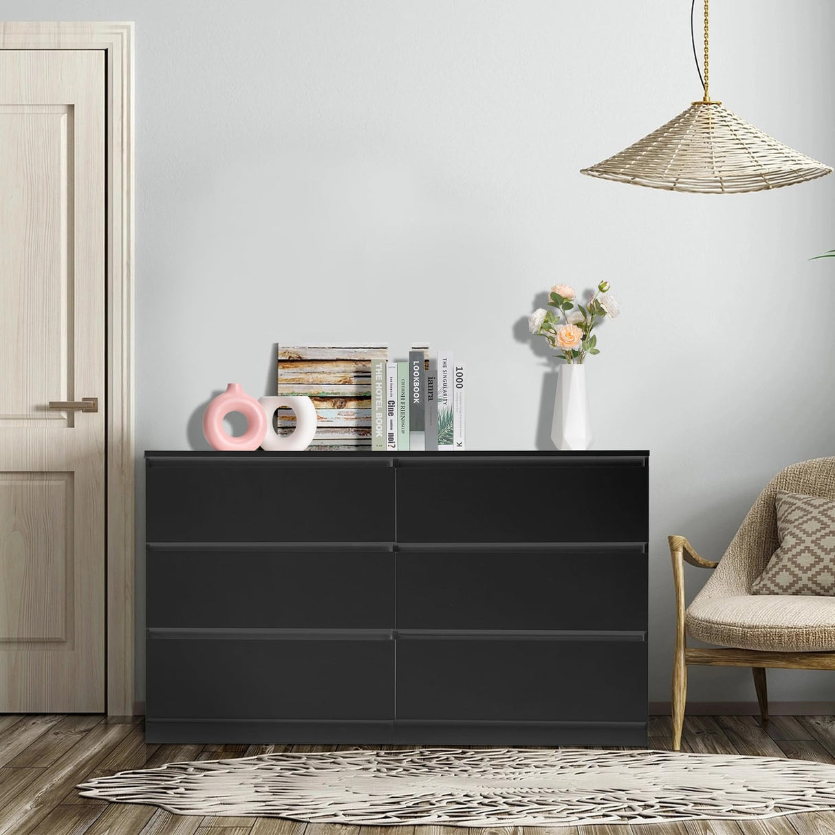 Karl home 6 Drawer Black Dresser for Bedroom, Wood Dresser with Deep Drawers, Long Dresser with Cut-Out Handles, 55" Wooden Dresser with Large Storage, Double Dresser Chest of Drawers Karl home
