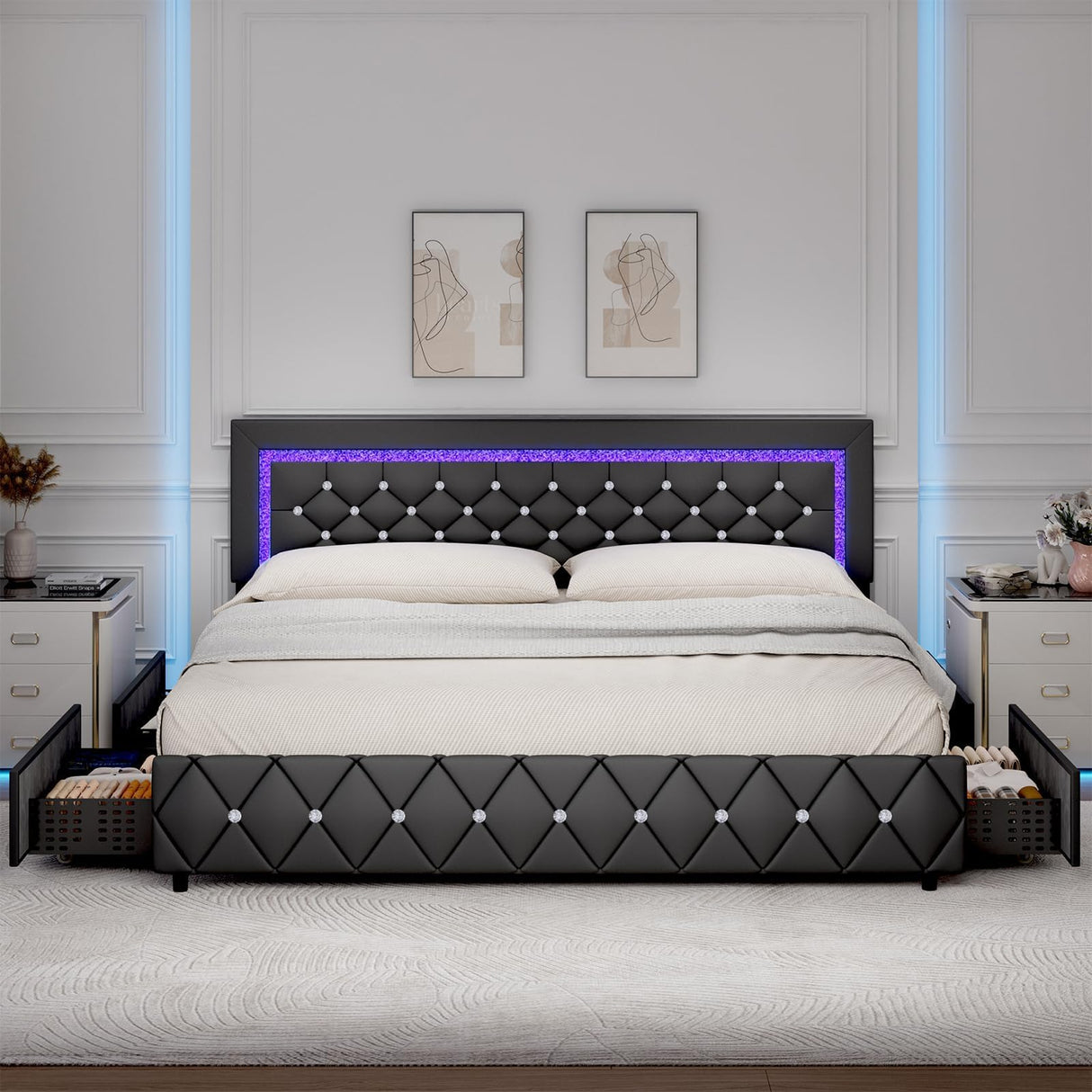 King Size Bed Frame with LED Lights and Storage Drawers, Upholstered Platform Bed with Crystal Tufted Headboard, Wooden Slats Support, No Box Spring Needed, Easy Assembly, Black BarnFurin
